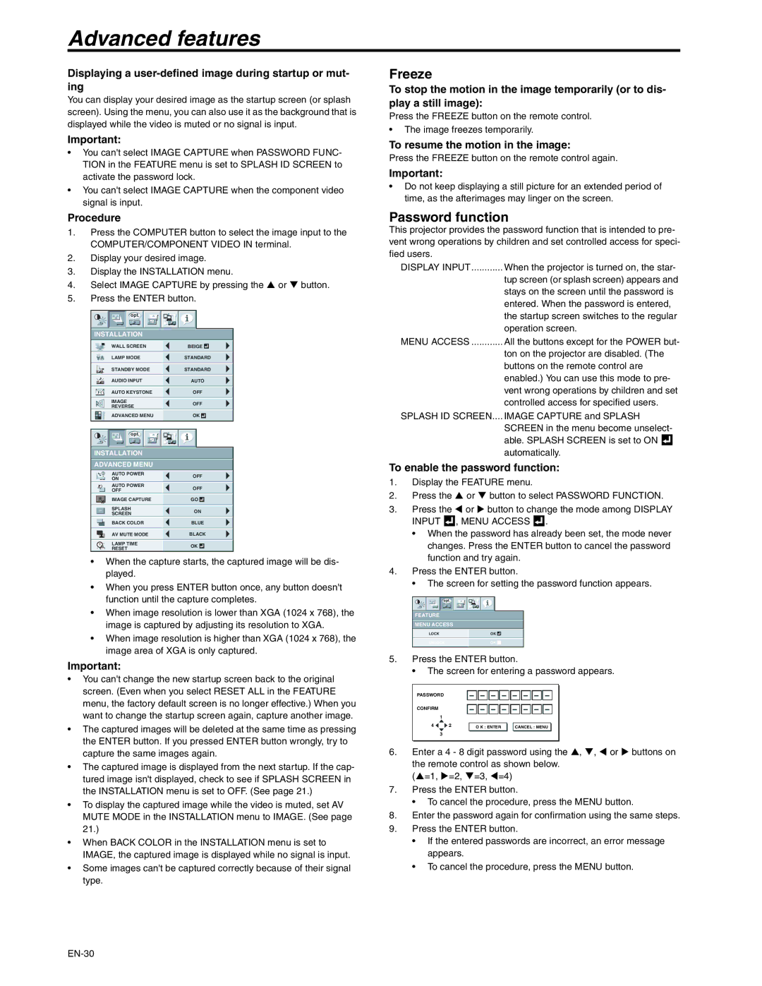 Mitsubishi Electronics XD250U-ST user manual Advanced features, Freeze, Password function 