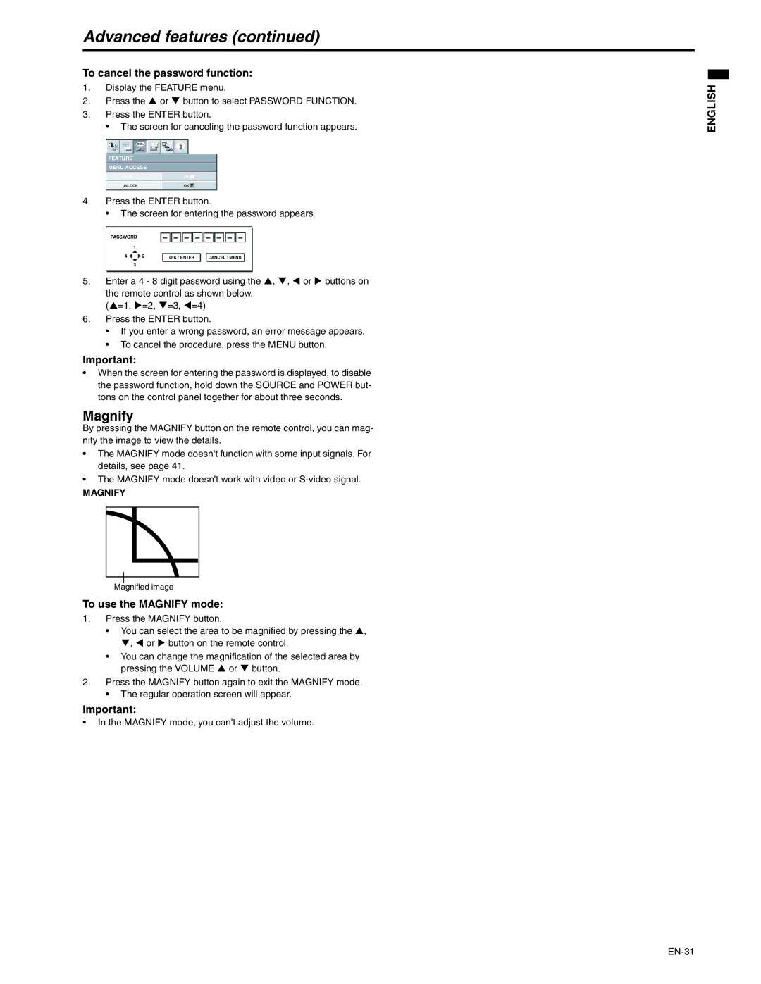 Mitsubishi Electronics XD250U-ST Advanced features, To cancel the password function, To use the Magnify mode 