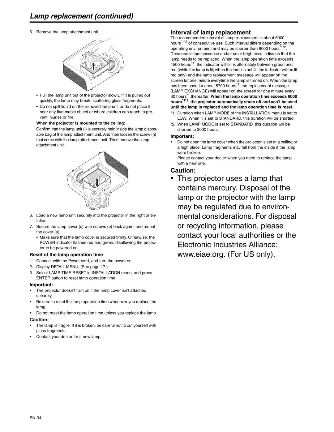 Mitsubishi Electronics XD250U-ST Lamp replacement, Interval of lamp replacement, Reset of the lamp operation time 