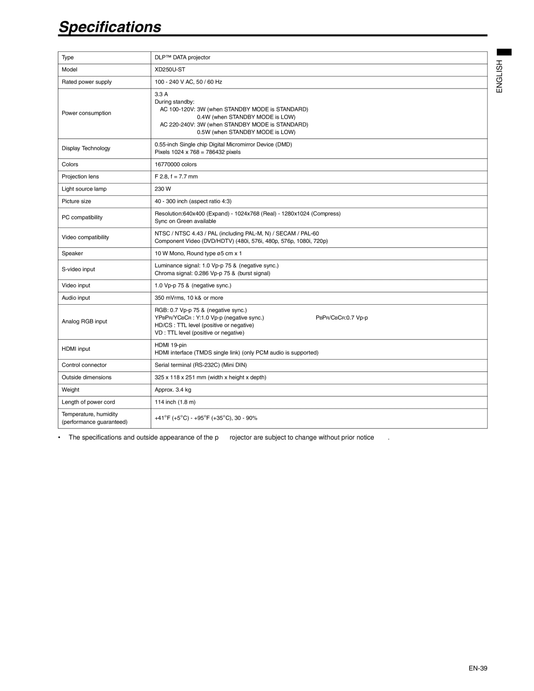 Mitsubishi Electronics XD250U-ST user manual Specifications, Type DLP Data projector, Model, 4W when Standby Mode is LOW 