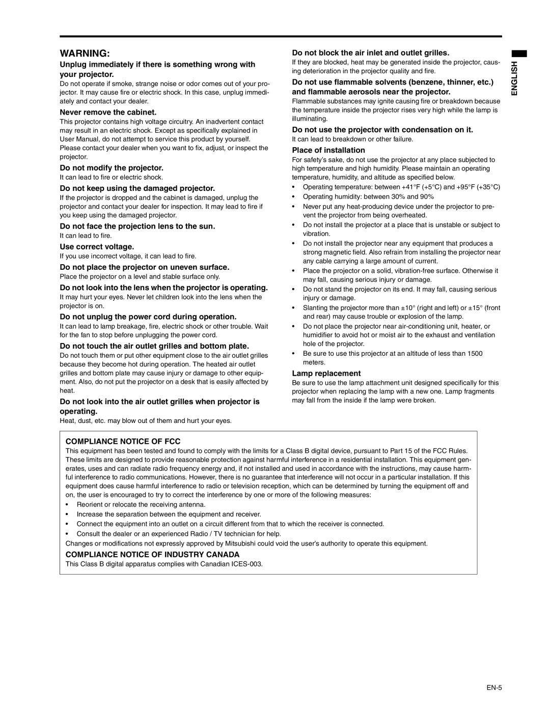 Mitsubishi Electronics XD250U-ST user manual Never remove the cabinet Do not modify the projector, Use correct voltage 