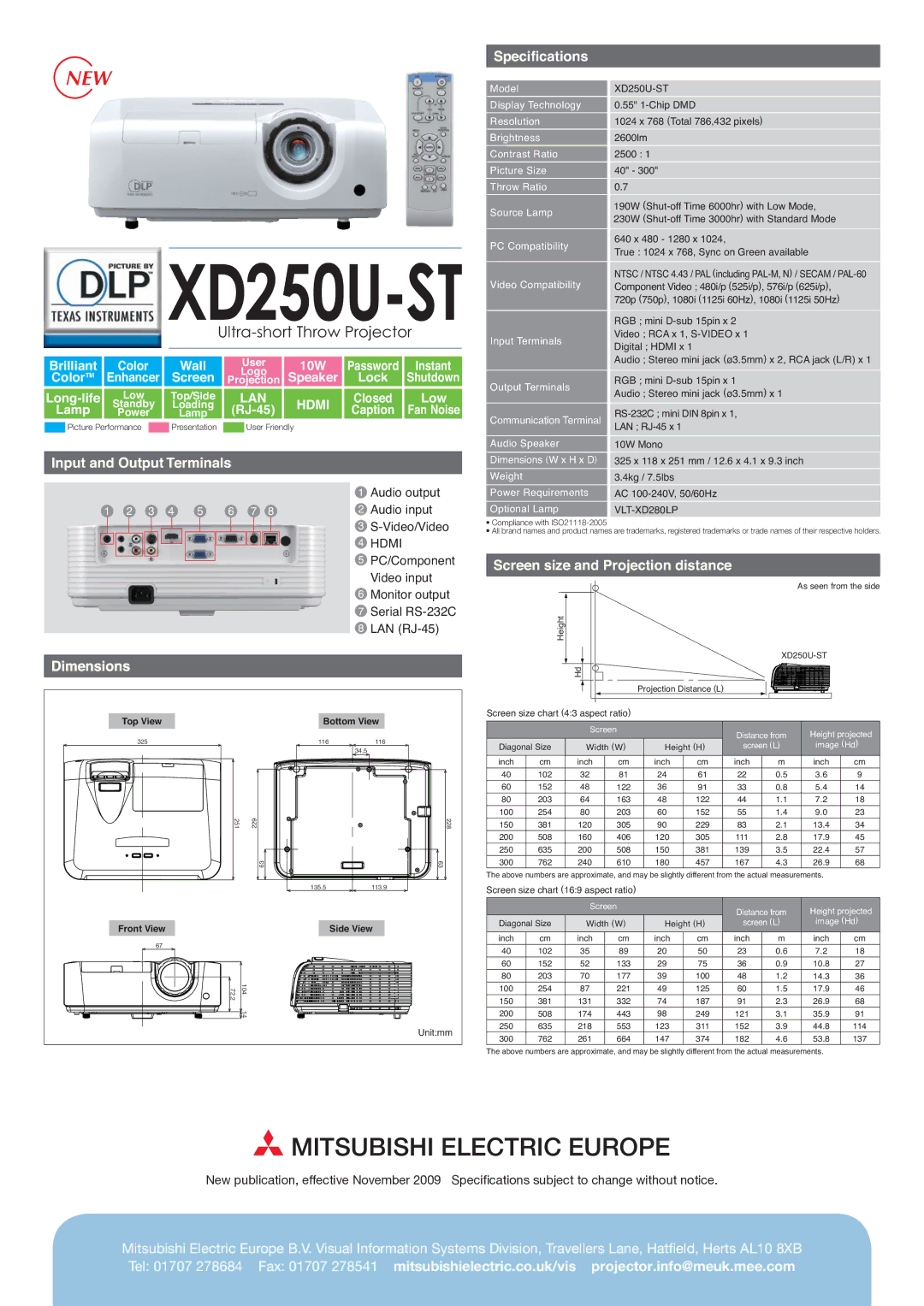 Mitsubishi Electronics XD250U-ST manual Input and Output Terminals, Specifications, Screen size and Projection distance 