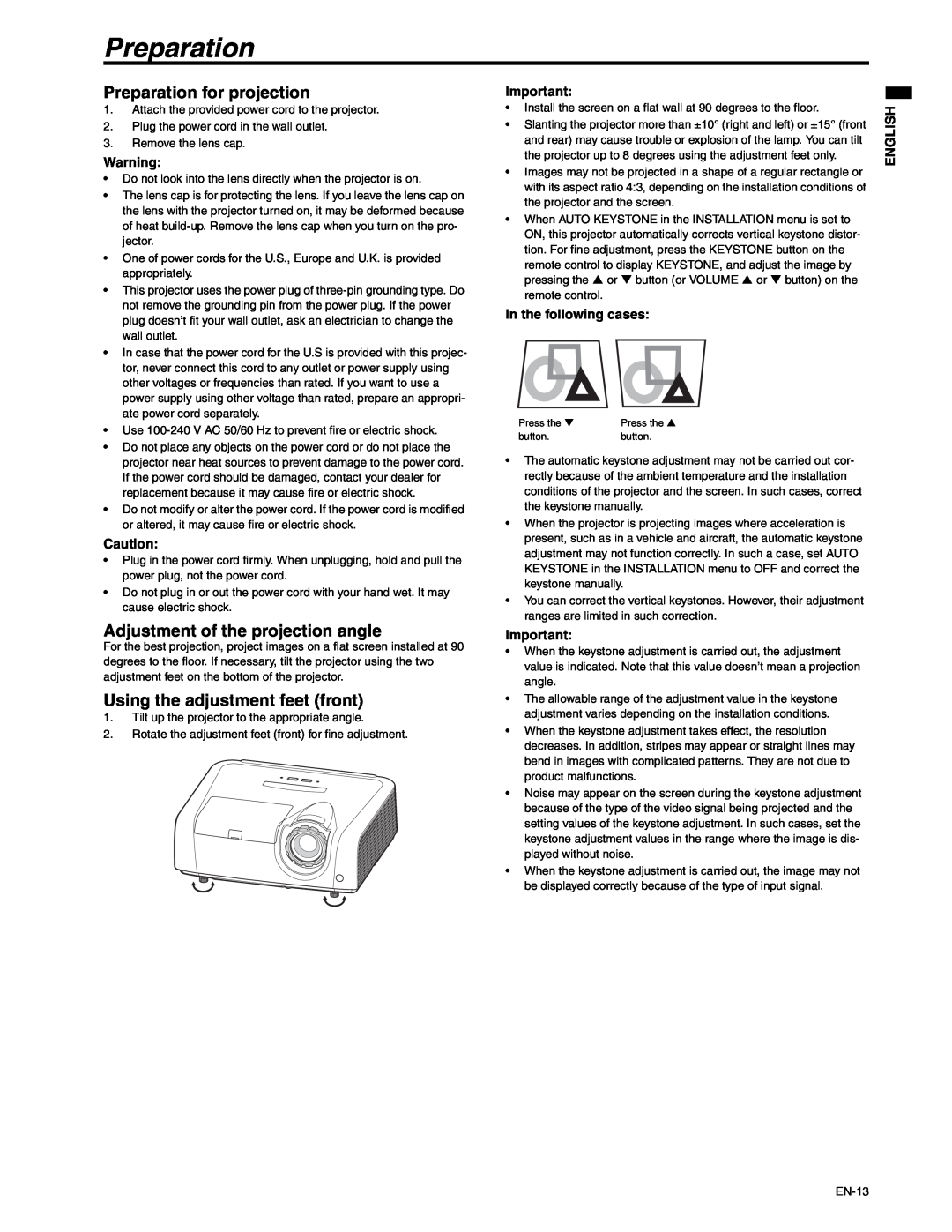 Mitsubishi Electronics XD250U-ST user manual Preparation for projection, Adjustment of the projection angle, English 