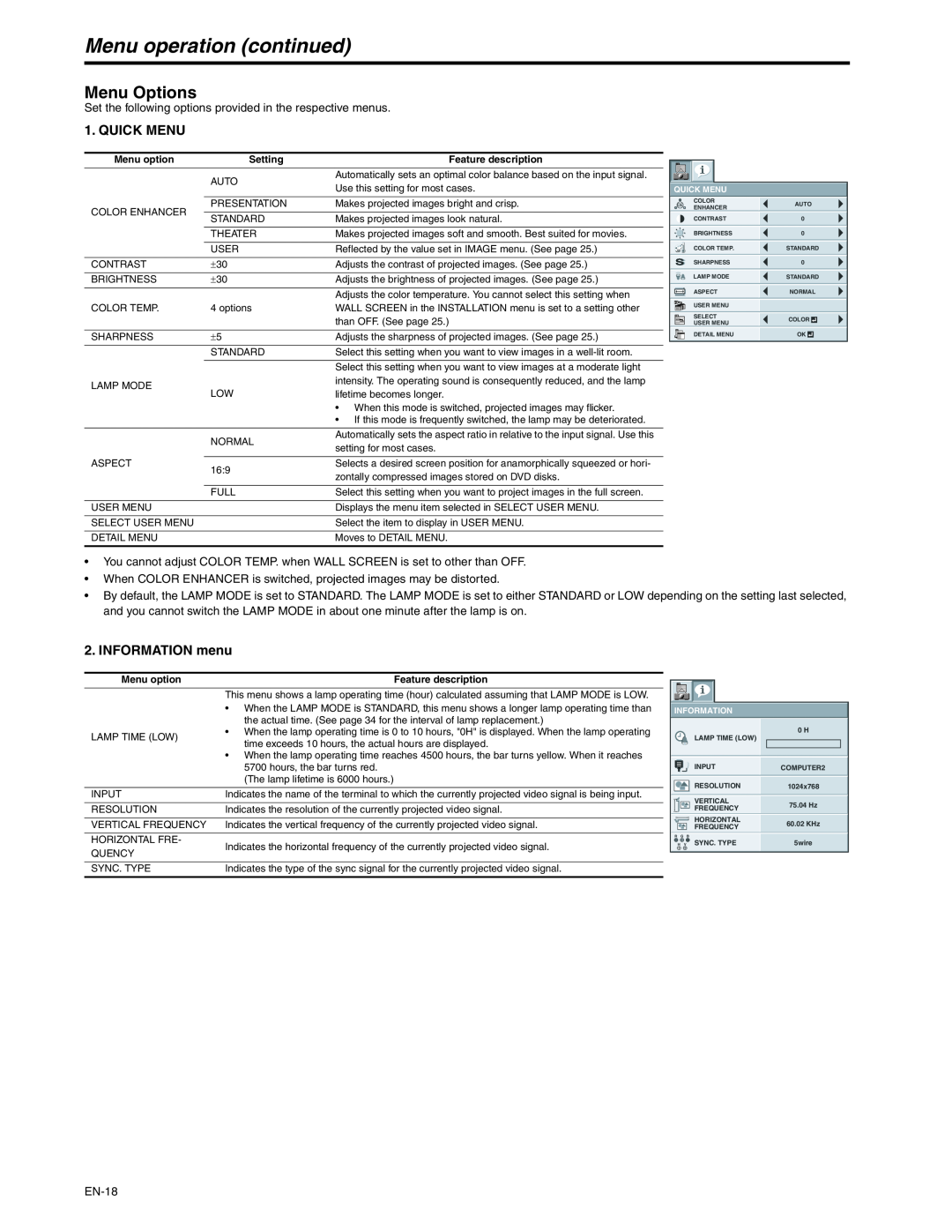 Mitsubishi Electronics XD250U-ST user manual Menu operation continued, Menu Options, Quick Menu, INFORMATION menu 