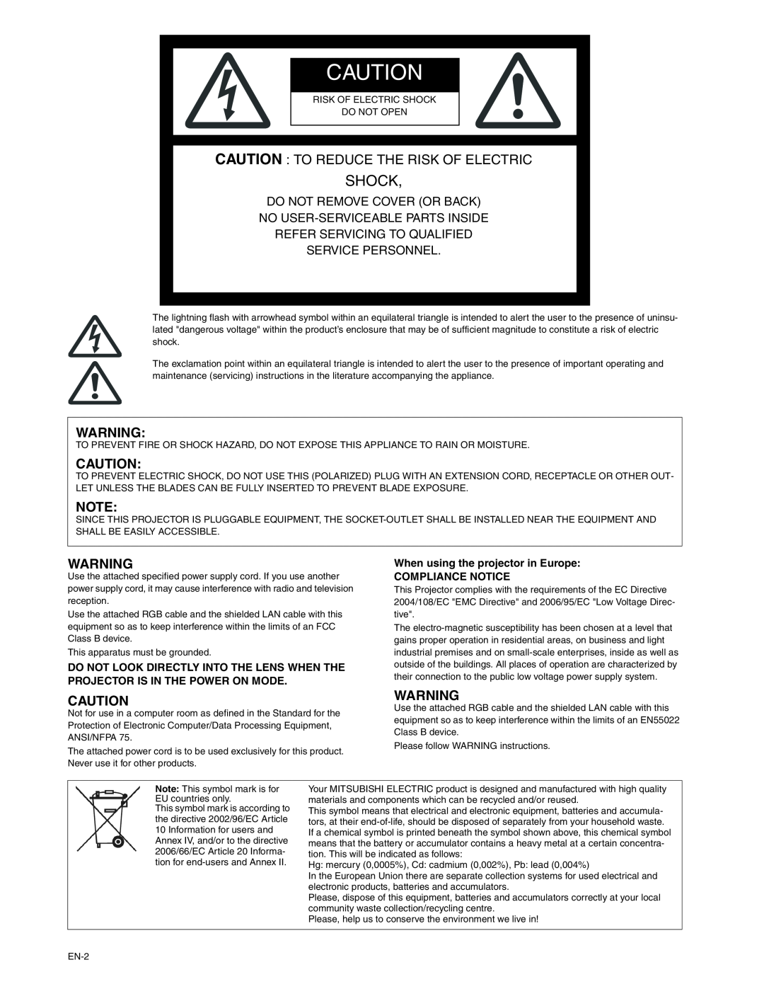 Mitsubishi Electronics XD250U-ST user manual Caution To Reduce The Risk Of Electric, Shock 