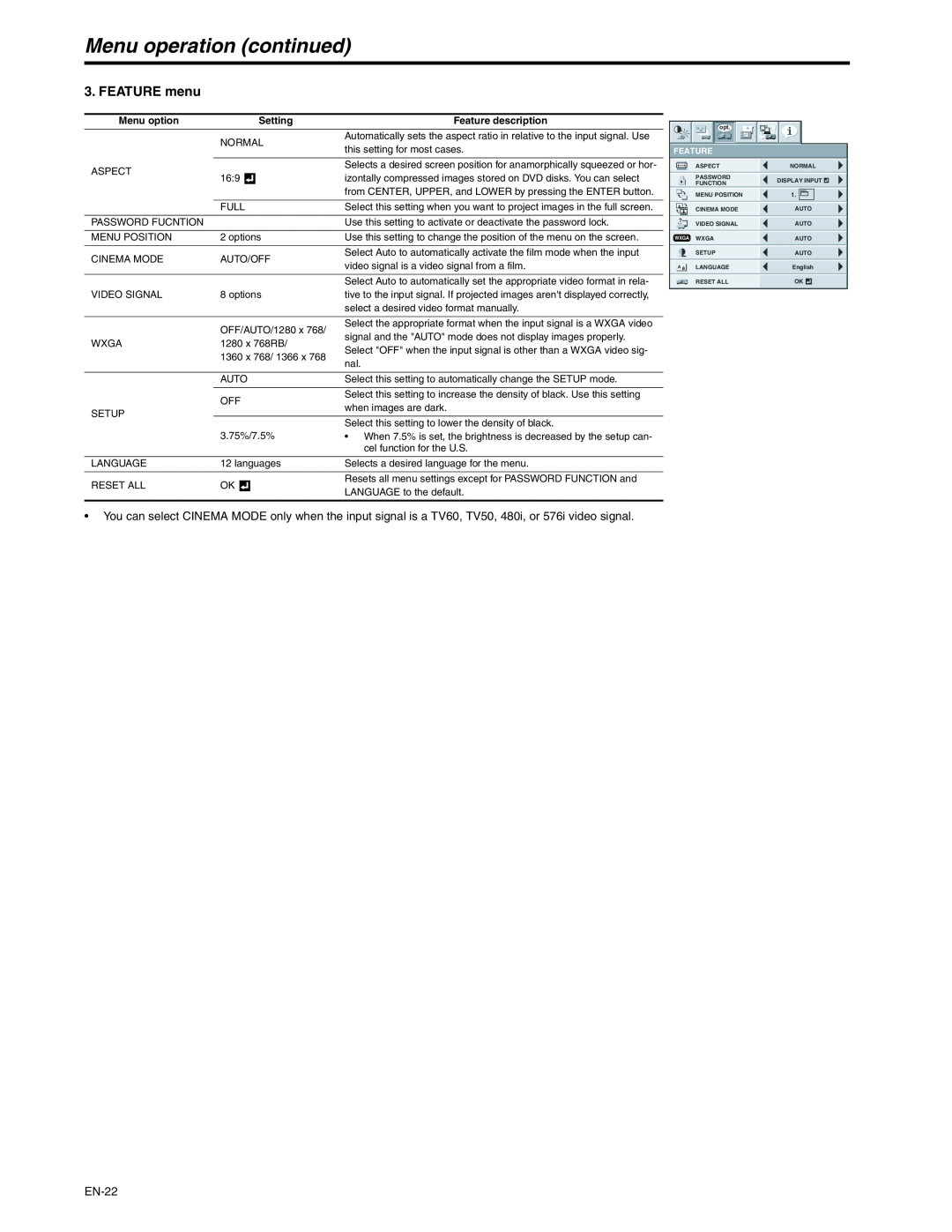 Mitsubishi Electronics XD250U-ST user manual FEATURE menu, Menu operation continued, EN-22 