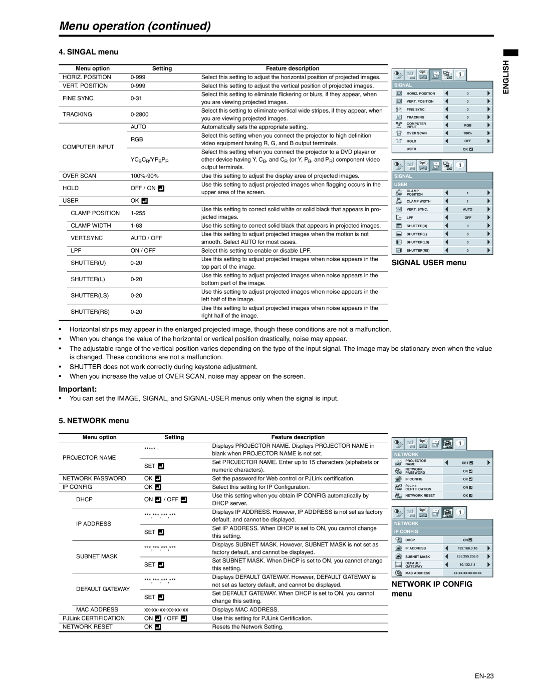 Mitsubishi Electronics XD250U-ST SINGAL menu, SIGNAL USER menu, NETWORK menu, Network Ip Config, Menu operation continued 