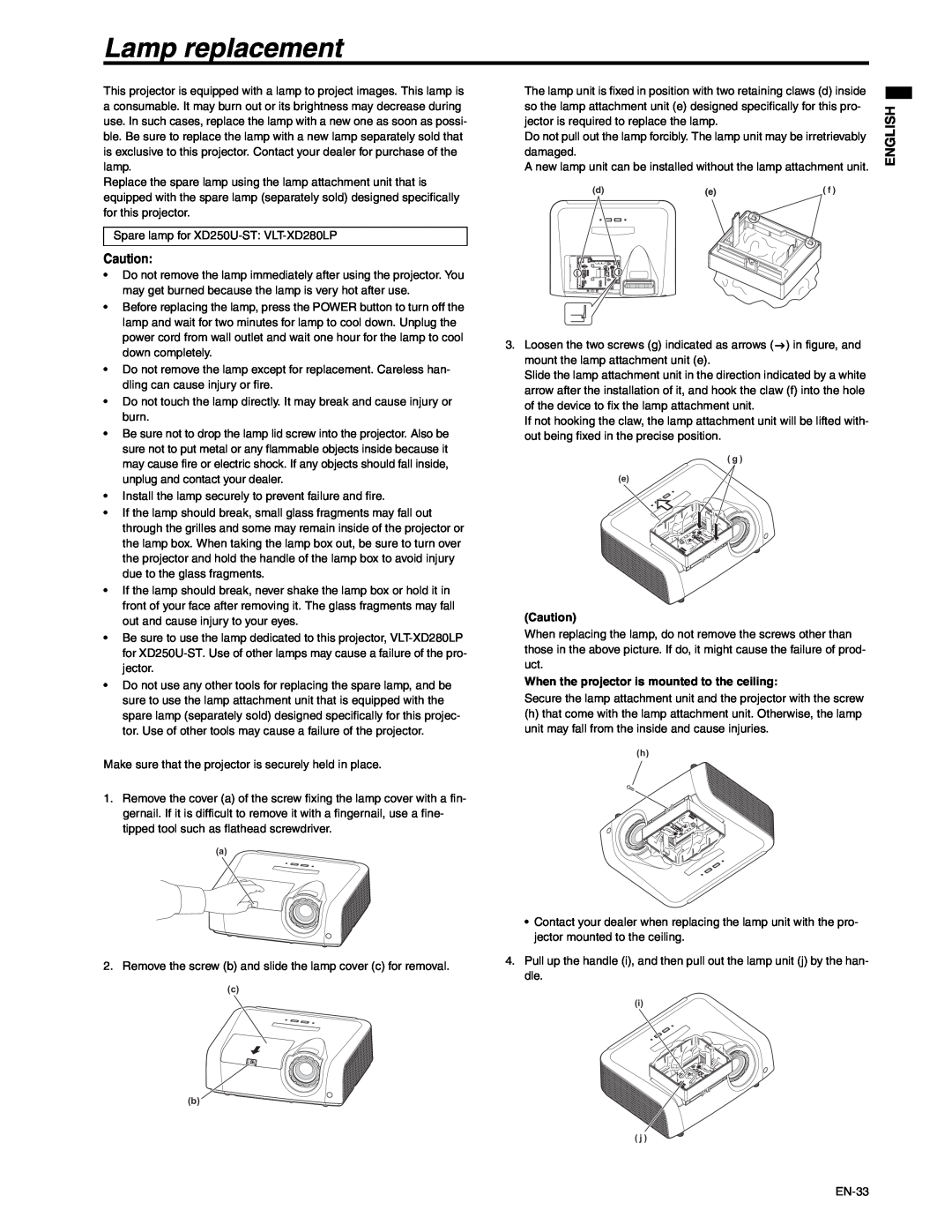 Mitsubishi Electronics XD250U-ST user manual Lamp replacement, English, When the projector is mounted to the ceiling 