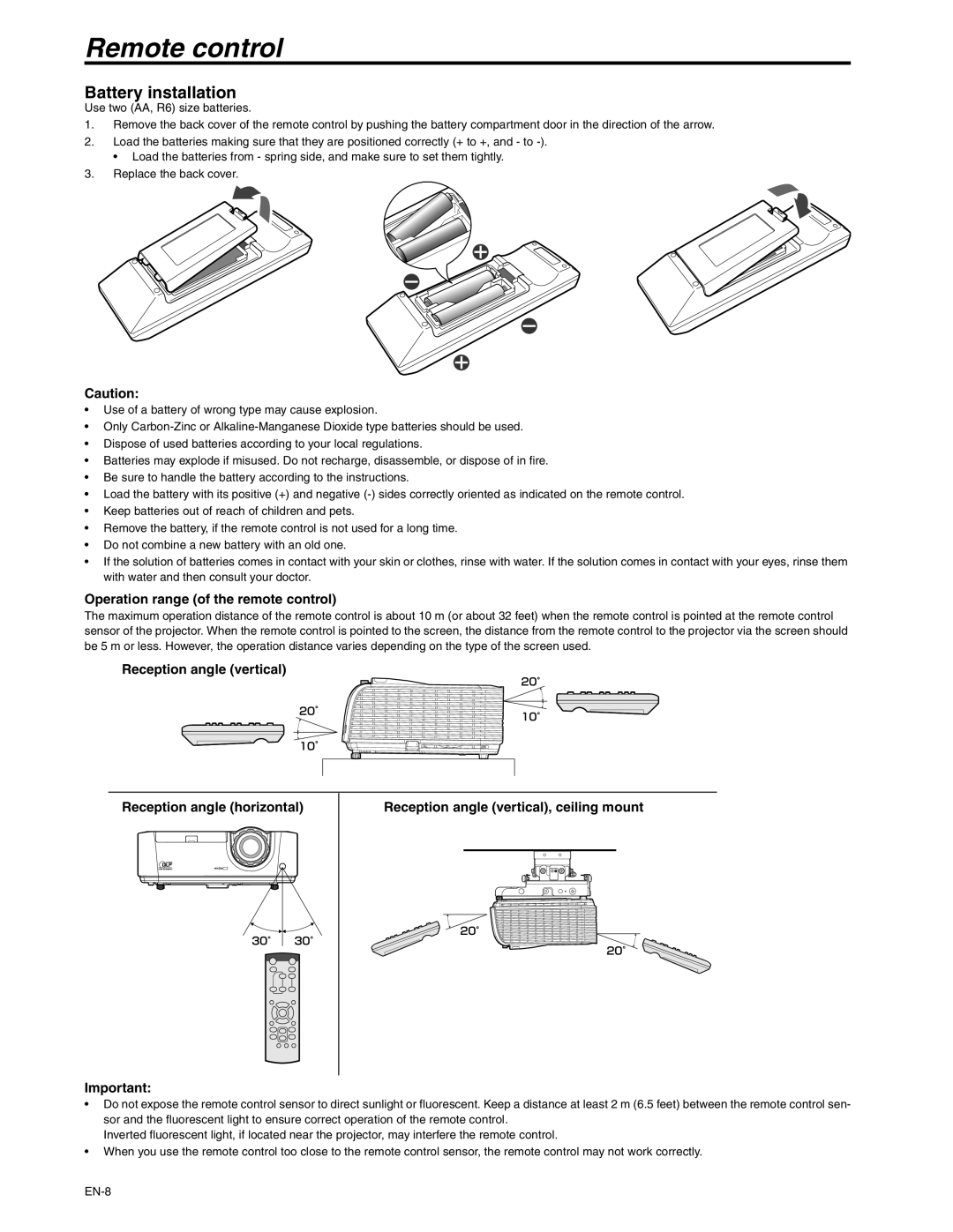 Mitsubishi Electronics XD250U-ST user manual Remote control, Battery installation, Operation range of the remote control 