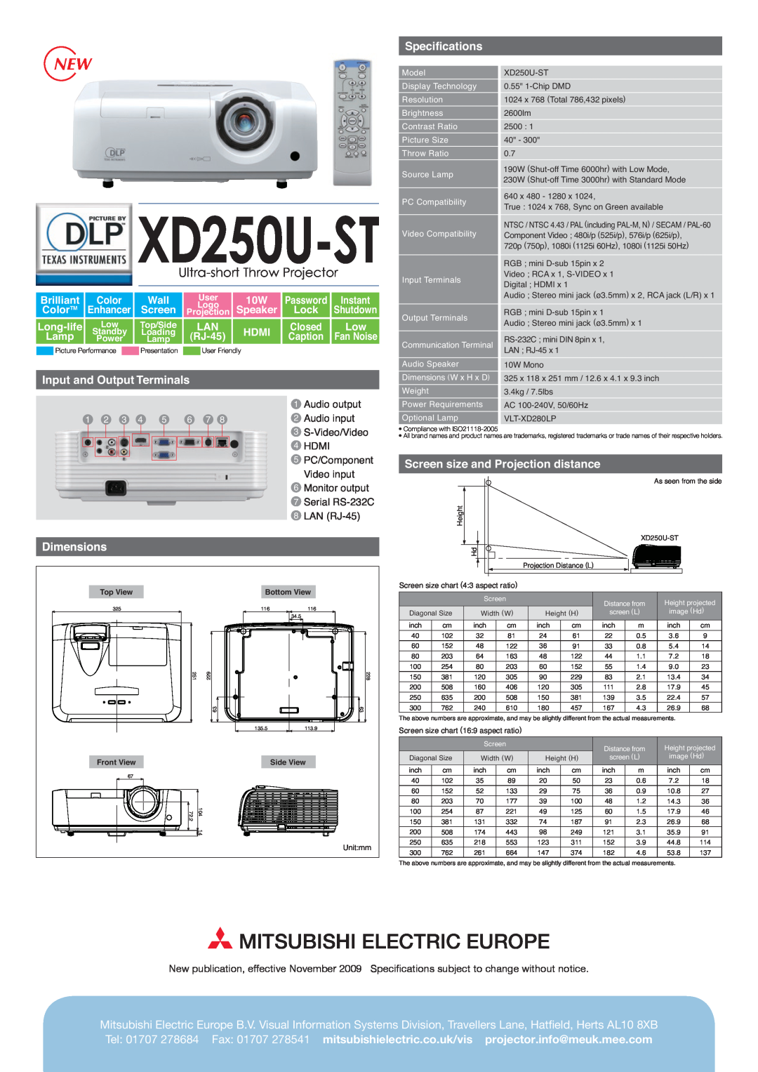 Mitsubishi Electronics XD250U-ST Mitsubishi Electric Europe, Ultra-short Throw Projector, Input and Output Terminals, Wall 