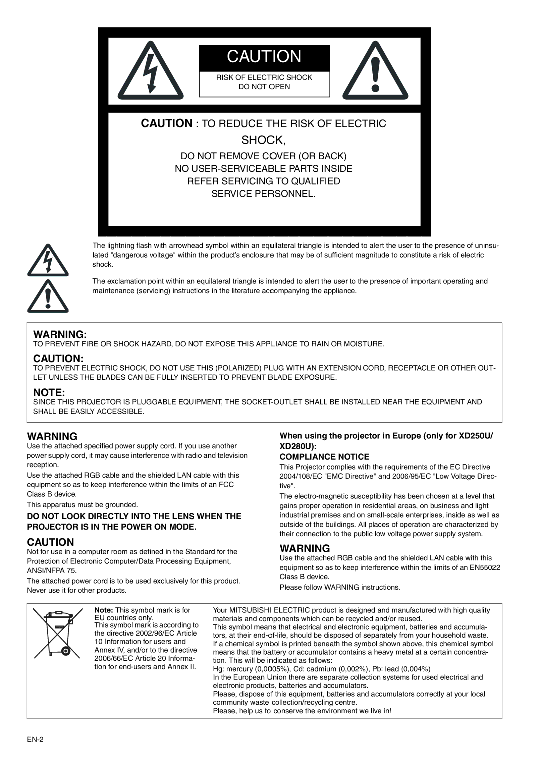 Mitsubishi Electronics XD280U-G, XD250U-G user manual Shock, When using the projector in Europe only for XD250U/ XD280U 