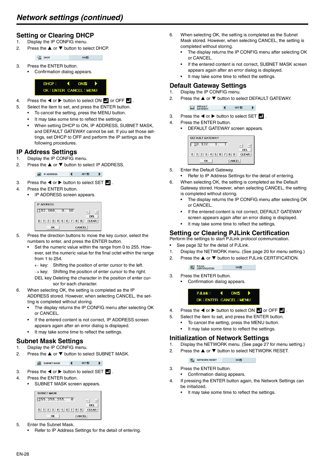 Mitsubishi Electronics XD280U-G, XD250U-G user manual Network settings 