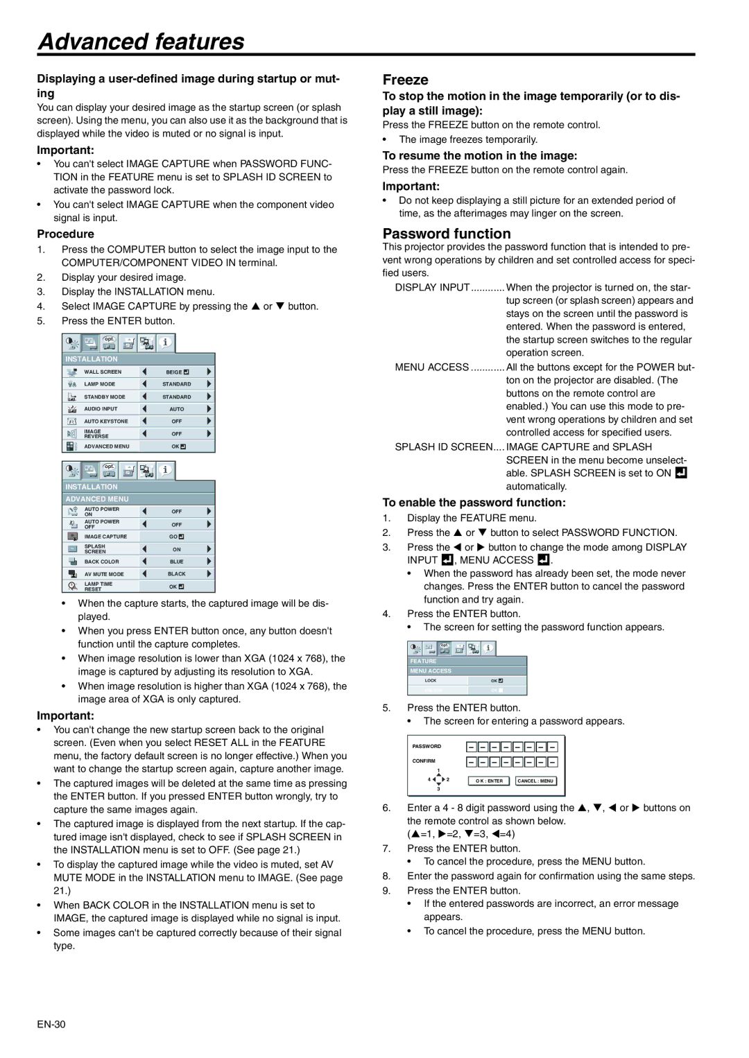 Mitsubishi Electronics XD280U-G, XD250U-G user manual Advanced features, Freeze, Password function 