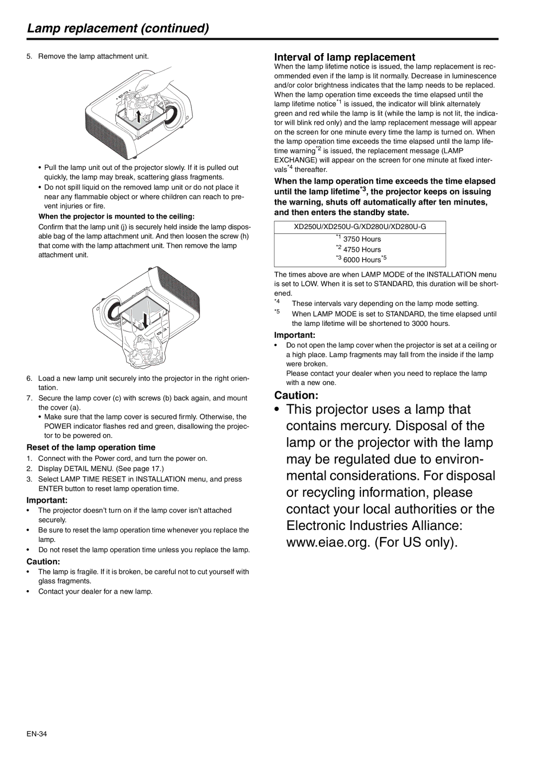 Mitsubishi Electronics XD280U-G, XD250U-G Lamp replacement, Interval of lamp replacement, Reset of the lamp operation time 