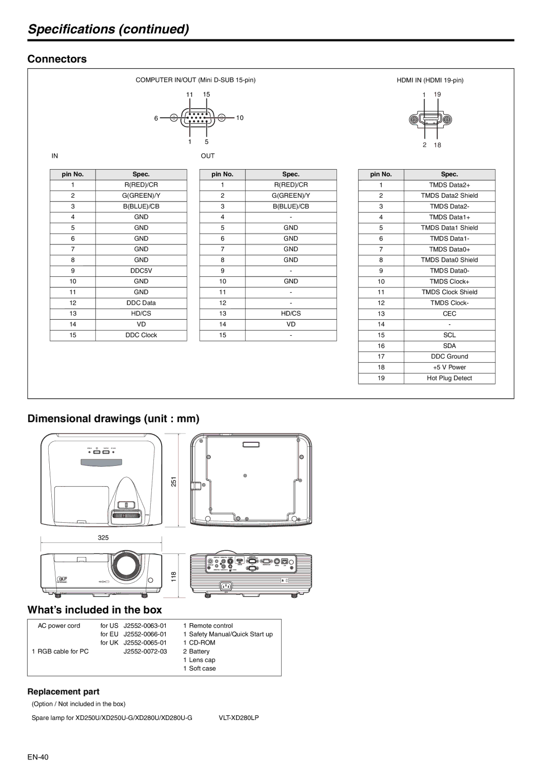 Mitsubishi Electronics XD280U-G Specifications, Connectors, Dimensional drawings unit mm, What’s included in the box 