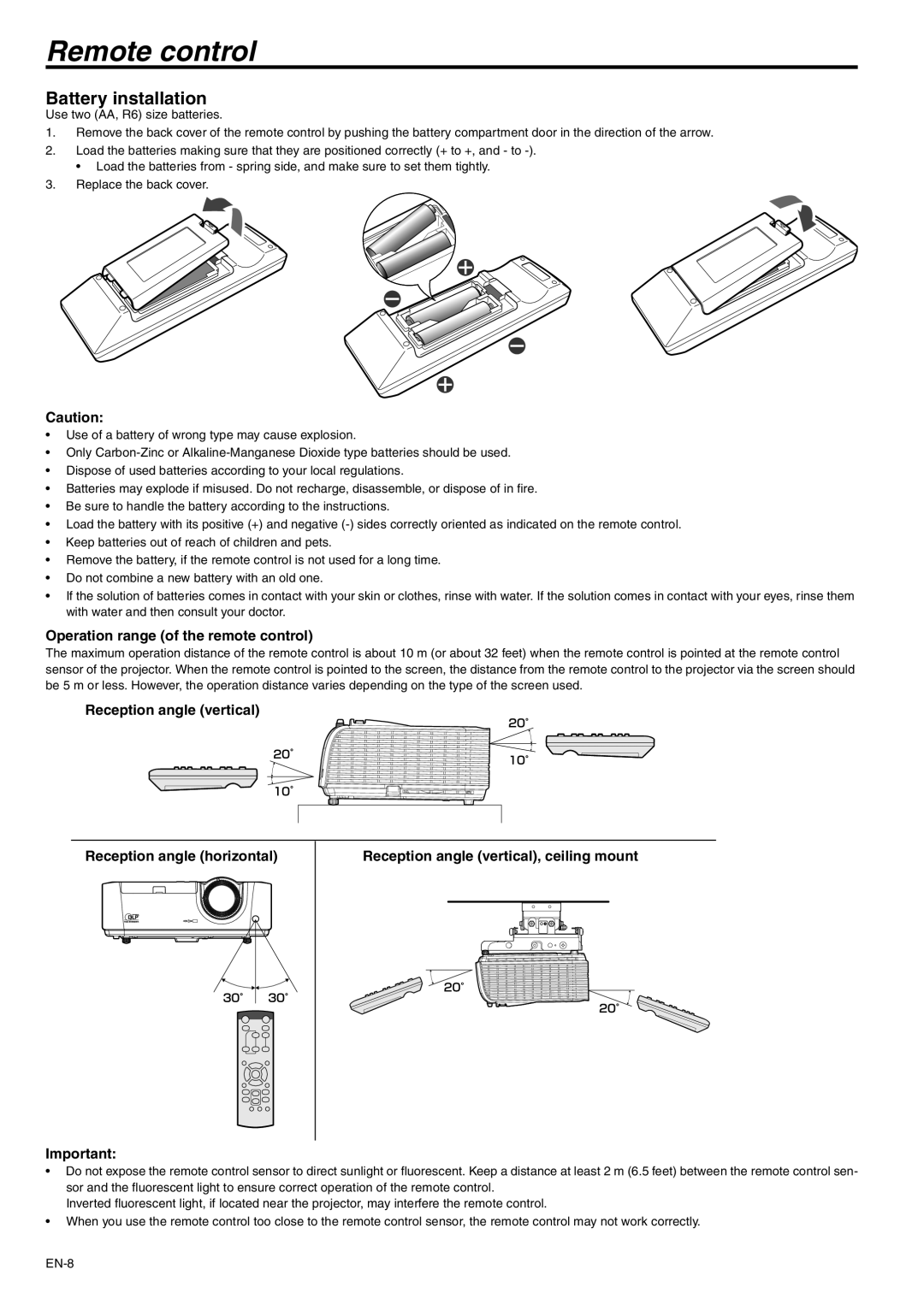 Mitsubishi Electronics XD280U-G, XD250U-G Remote control, Battery installation, Operation range of the remote control 