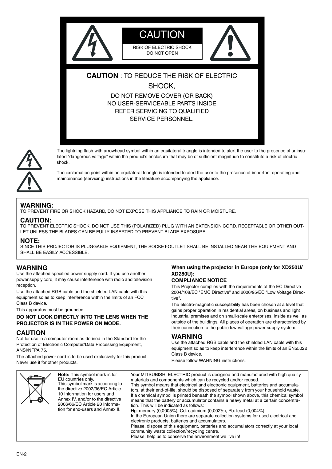 Mitsubishi Electronics XD280U-G, XD250U-G user manual Caution To Reduce The Risk Of Electric, Compliance Notice, Shock 