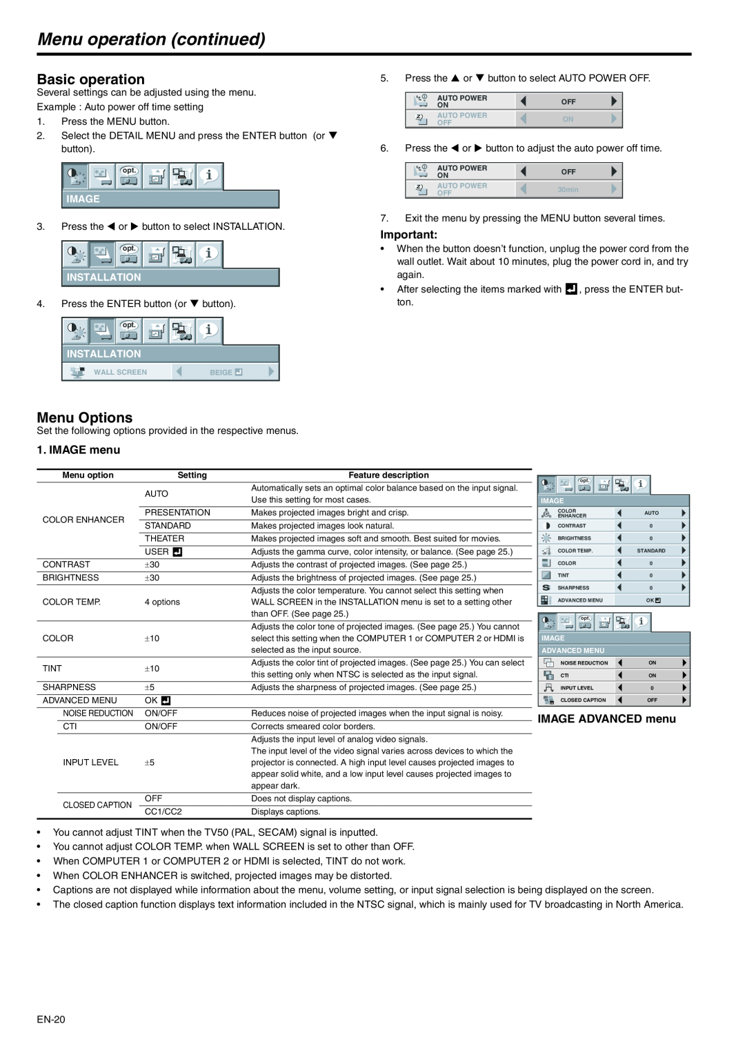 Mitsubishi Electronics XD280U-G Basic operation, IMAGE menu, IMAGE ADVANCED menu, Image, Installation, Menu Options 
