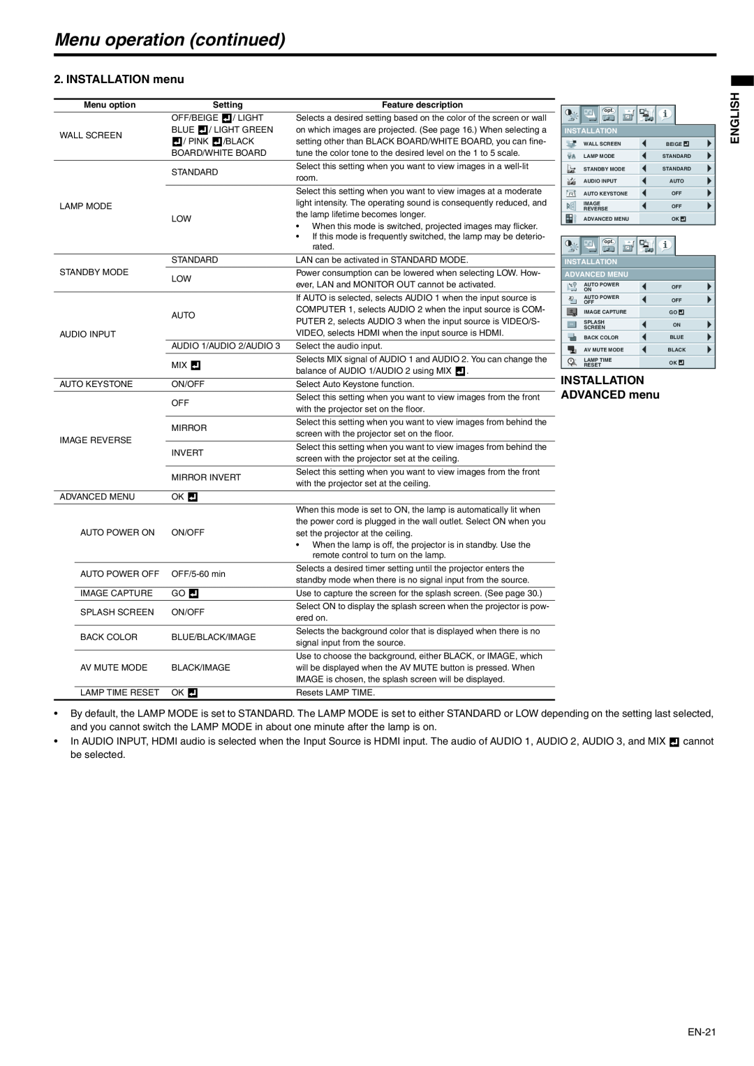 Mitsubishi Electronics XD250U-G INSTALLATION menu, Installation, ADVANCED menu, Menu operation continued, English 