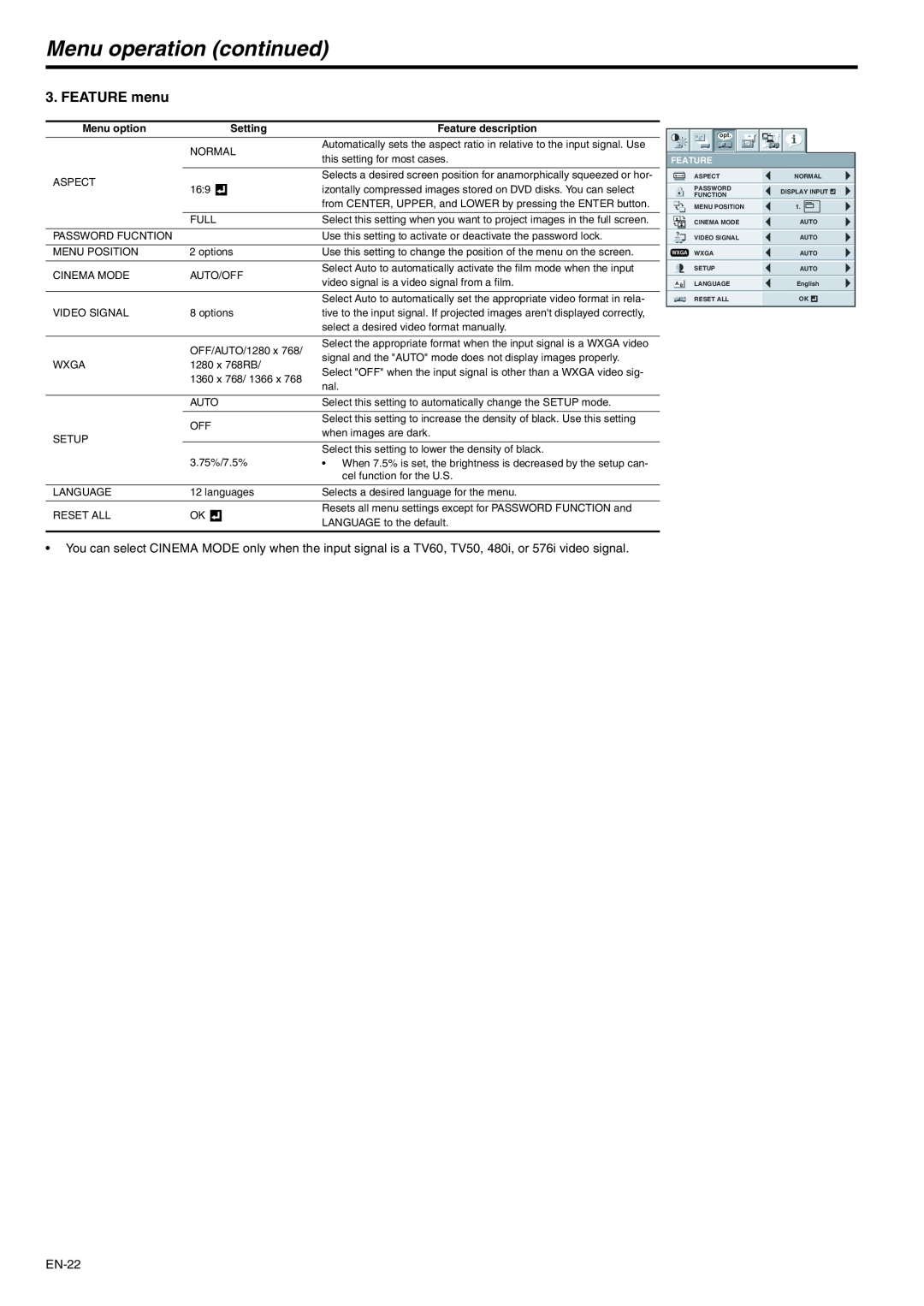 Mitsubishi Electronics XD280U-G FEATURE menu, Menu operation continued, Menu option, Setting, Feature description 