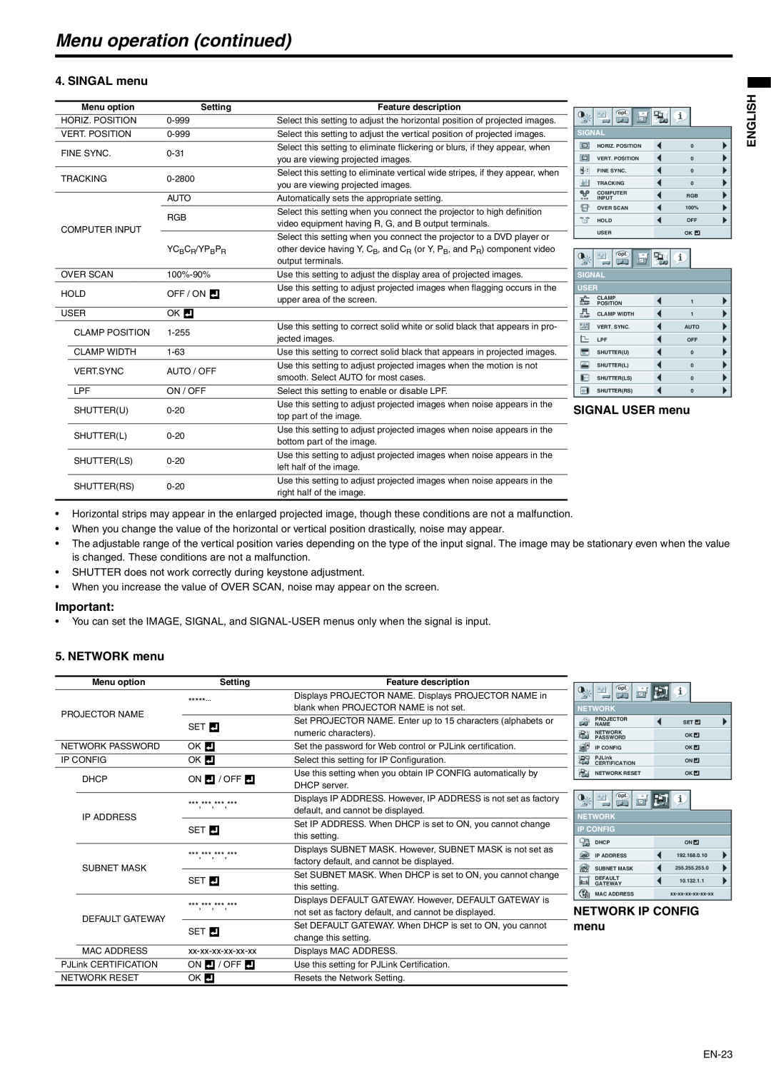 Mitsubishi Electronics XD250U-G SINGAL menu, SIGNAL USER menu, NETWORK menu, Network Ip Config, Menu operation continued 