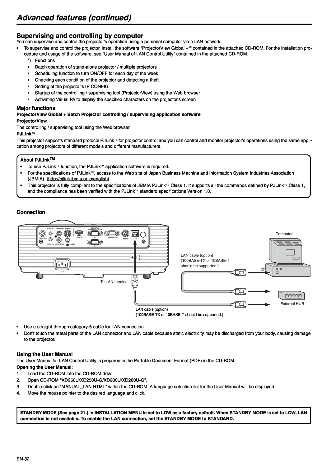 Mitsubishi Electronics XD280U-G, XD250U-G user manual Supervising and controlling by computer, Major functions, Connection 