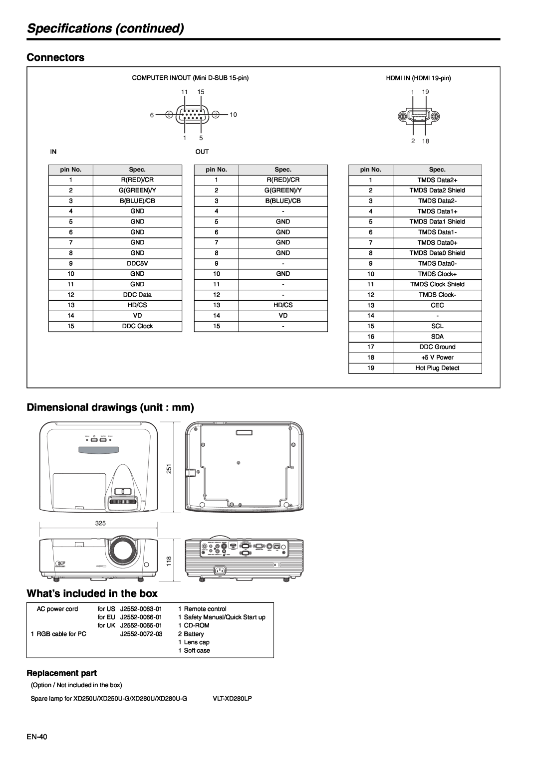 Mitsubishi Electronics XD280U-G Specifications continued, Connectors, Dimensional drawings unit mm, Replacement part 