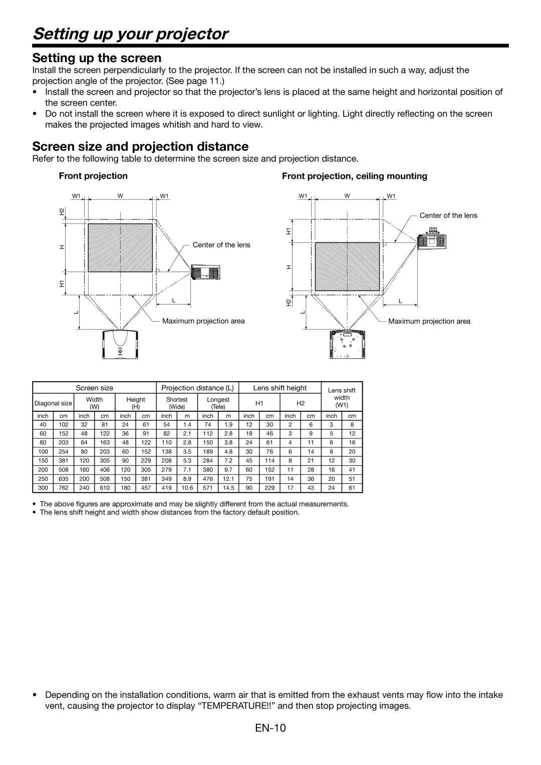 Mitsubishi Electronics XD3200U Setting up your projector, Setting up the screen, Screen size and projection distance 