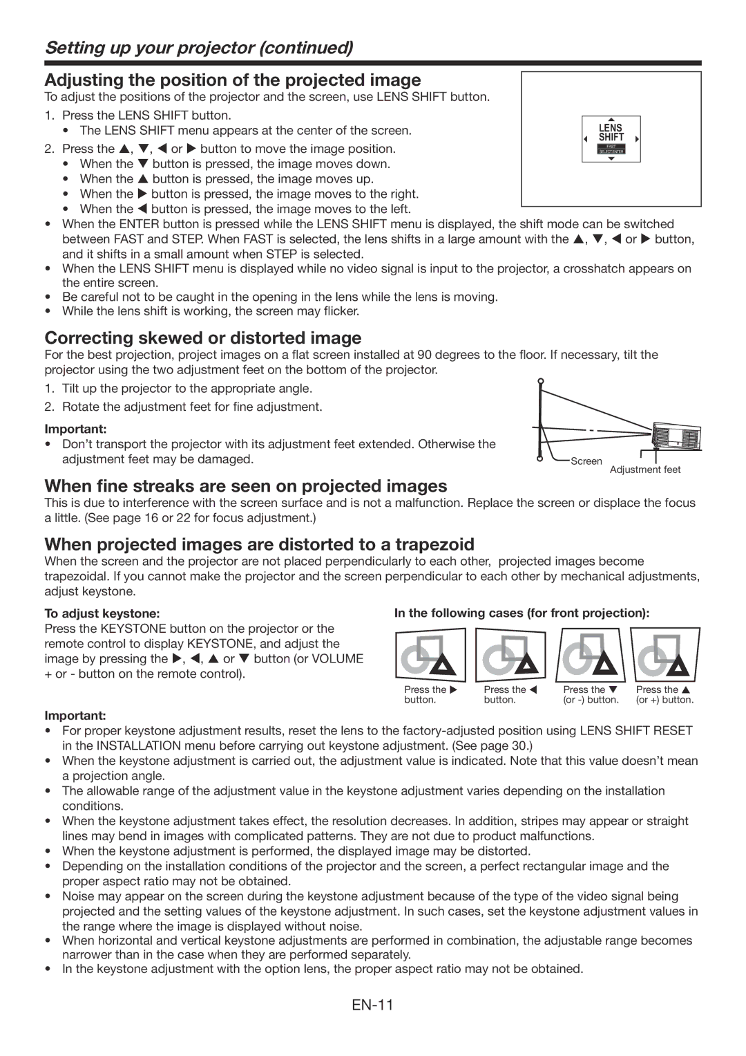 Mitsubishi Electronics XD3200U user manual Setting up your projector, Adjusting the position of the projected image 