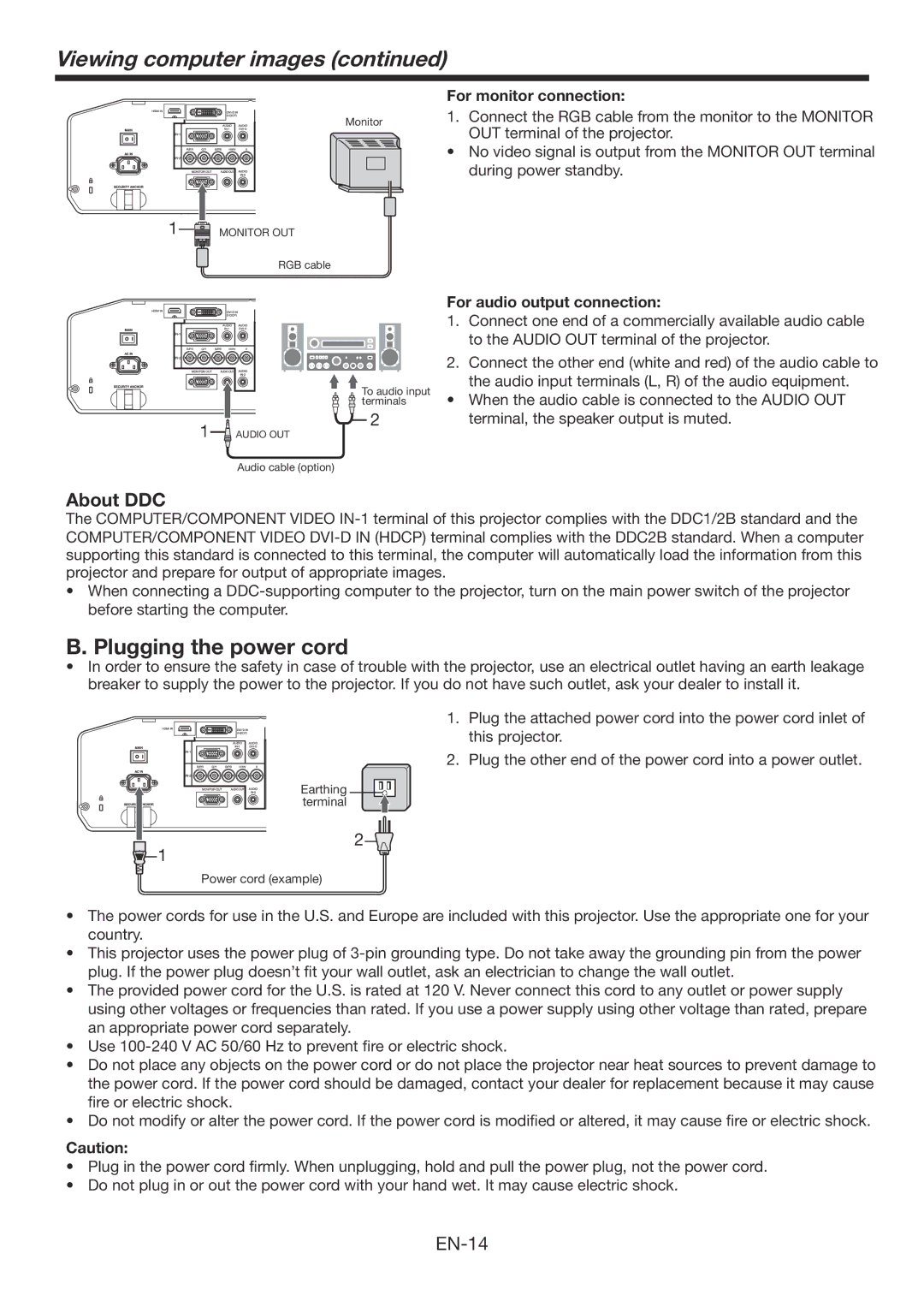 Mitsubishi Electronics XD3200U Viewing computer images, Plugging the power cord, About DDC, For monitor connection 