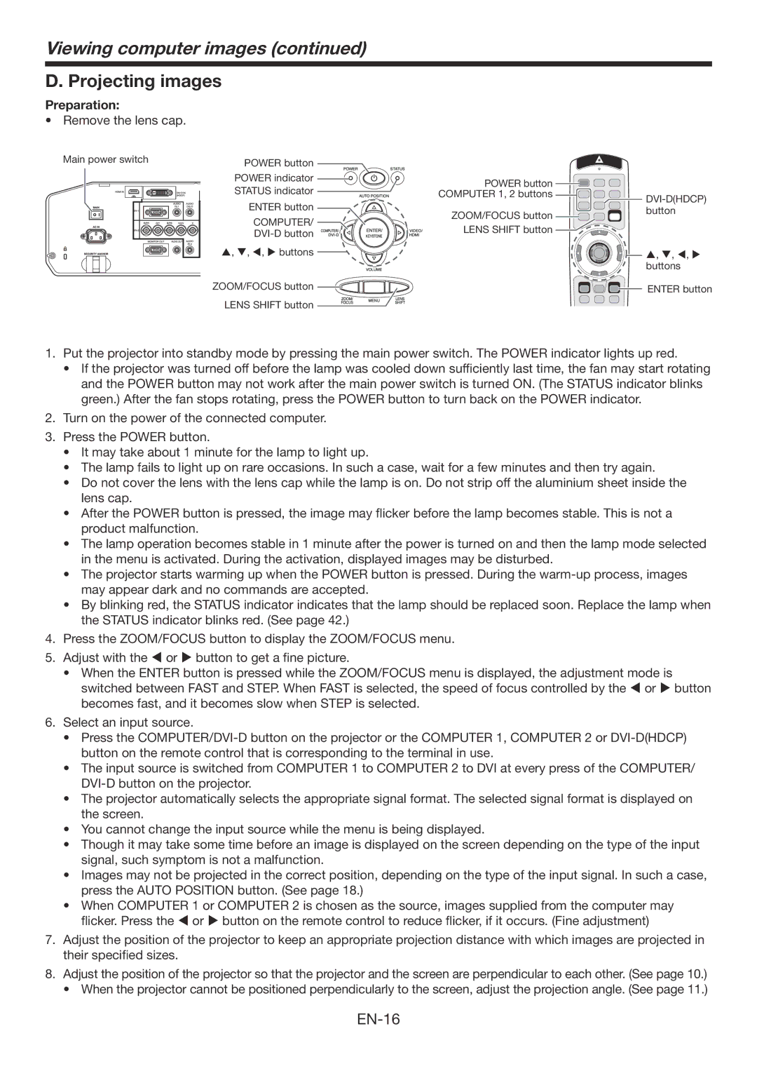 Mitsubishi Electronics XD3200U user manual Projecting images, Remove the lens cap 