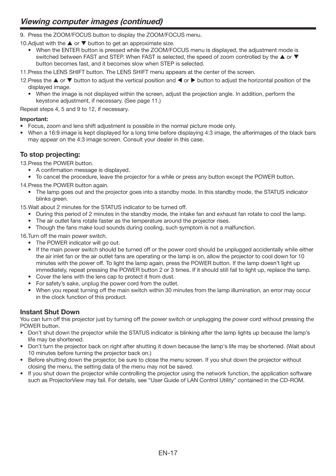 Mitsubishi Electronics XD3200U user manual To stop projecting, Instant Shut Down 