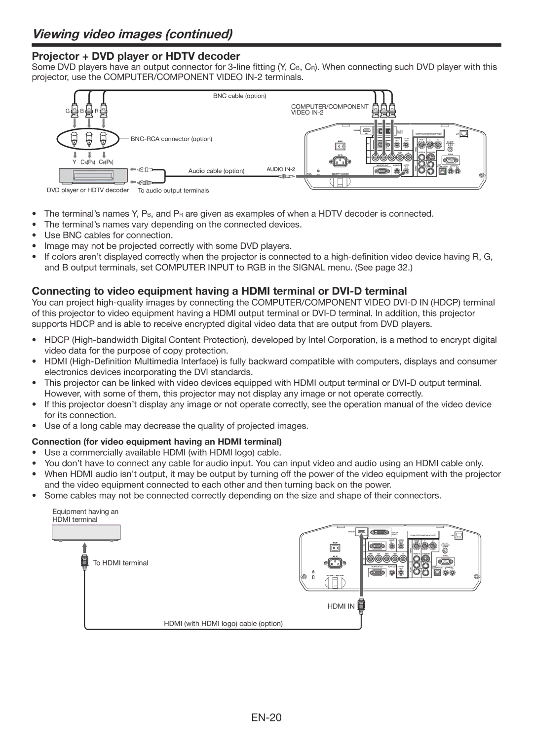 Mitsubishi Electronics XD3200U user manual Viewing video images, Projector + DVD player or Hdtv decoder 