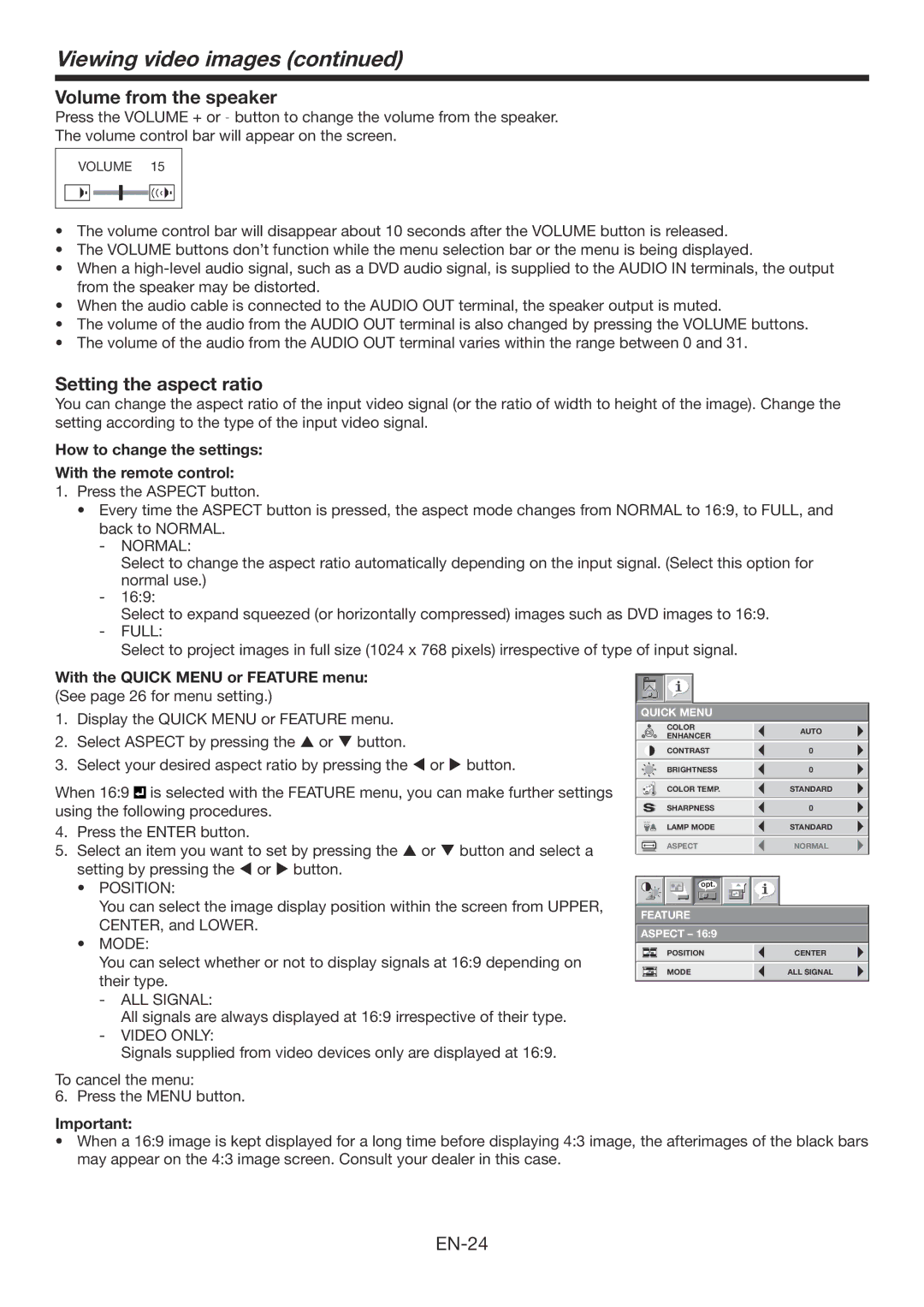 Mitsubishi Electronics XD3200U user manual Volume from the speaker, Setting the aspect ratio 