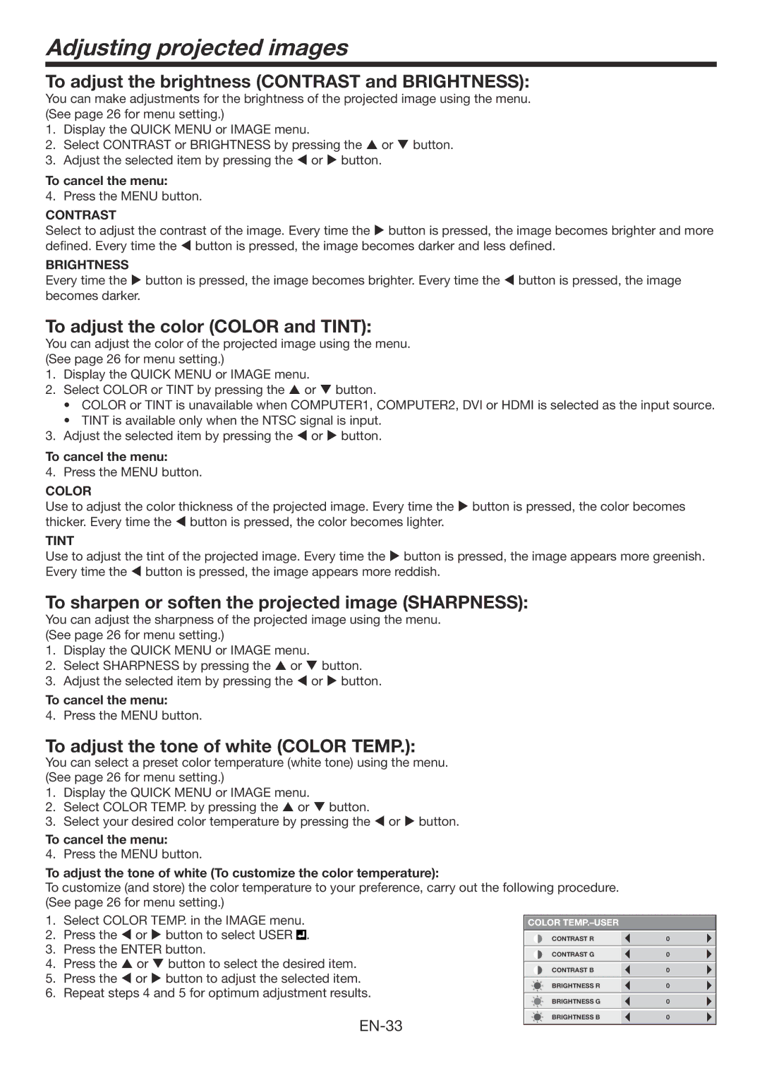 Mitsubishi Electronics XD3200U user manual Adjusting projected images, To adjust the brightness Contrast and Brightness 