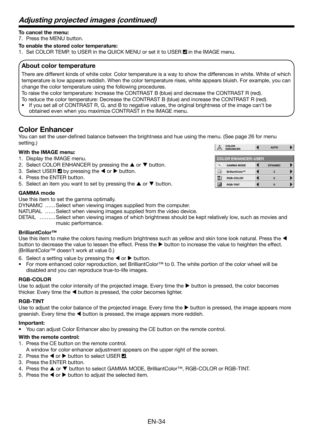 Mitsubishi Electronics XD3200U user manual Adjusting projected images, Color Enhancer, About color temperature 