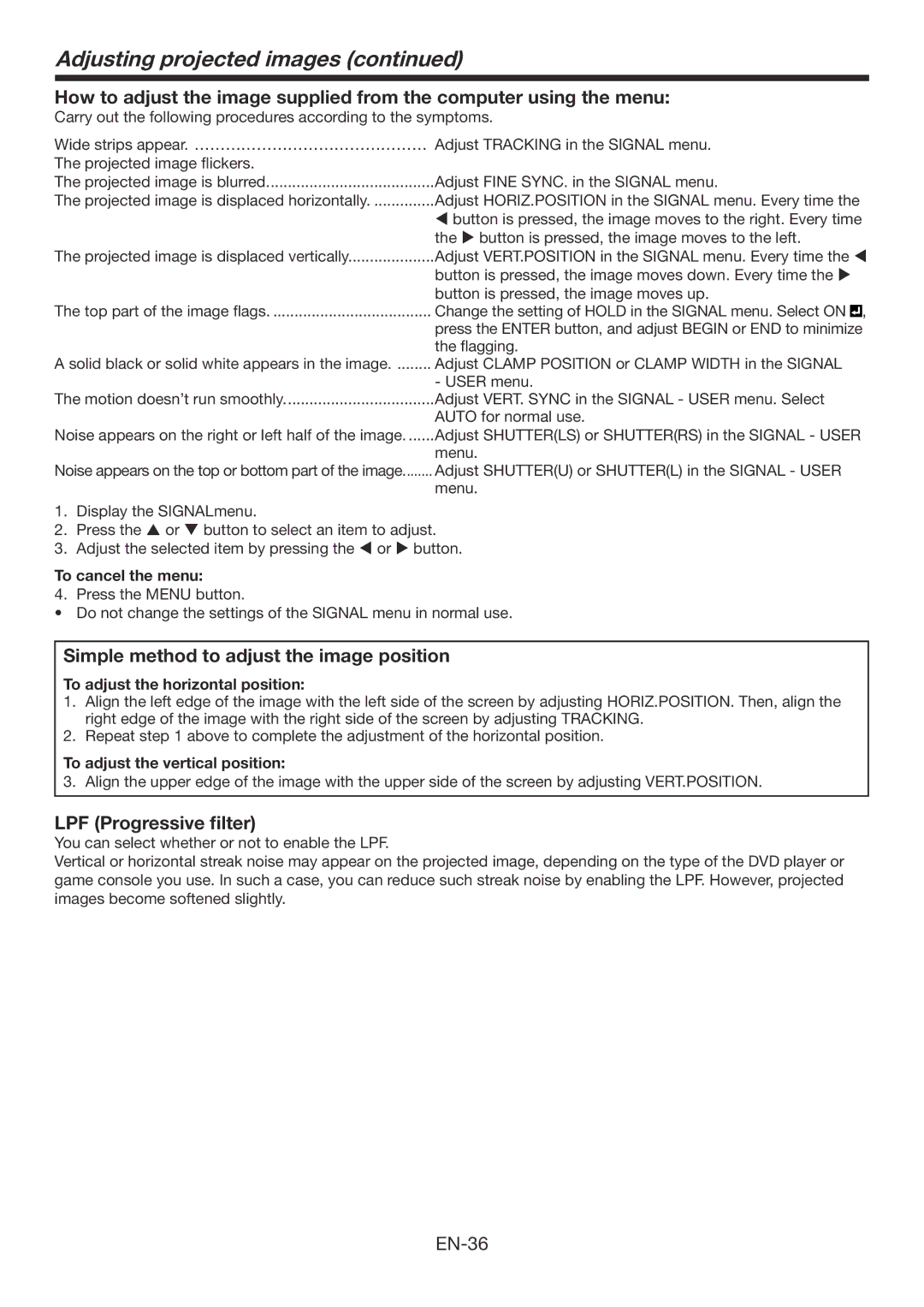 Mitsubishi Electronics XD3200U user manual Simple method to adjust the image position, LPF Progressive filter 