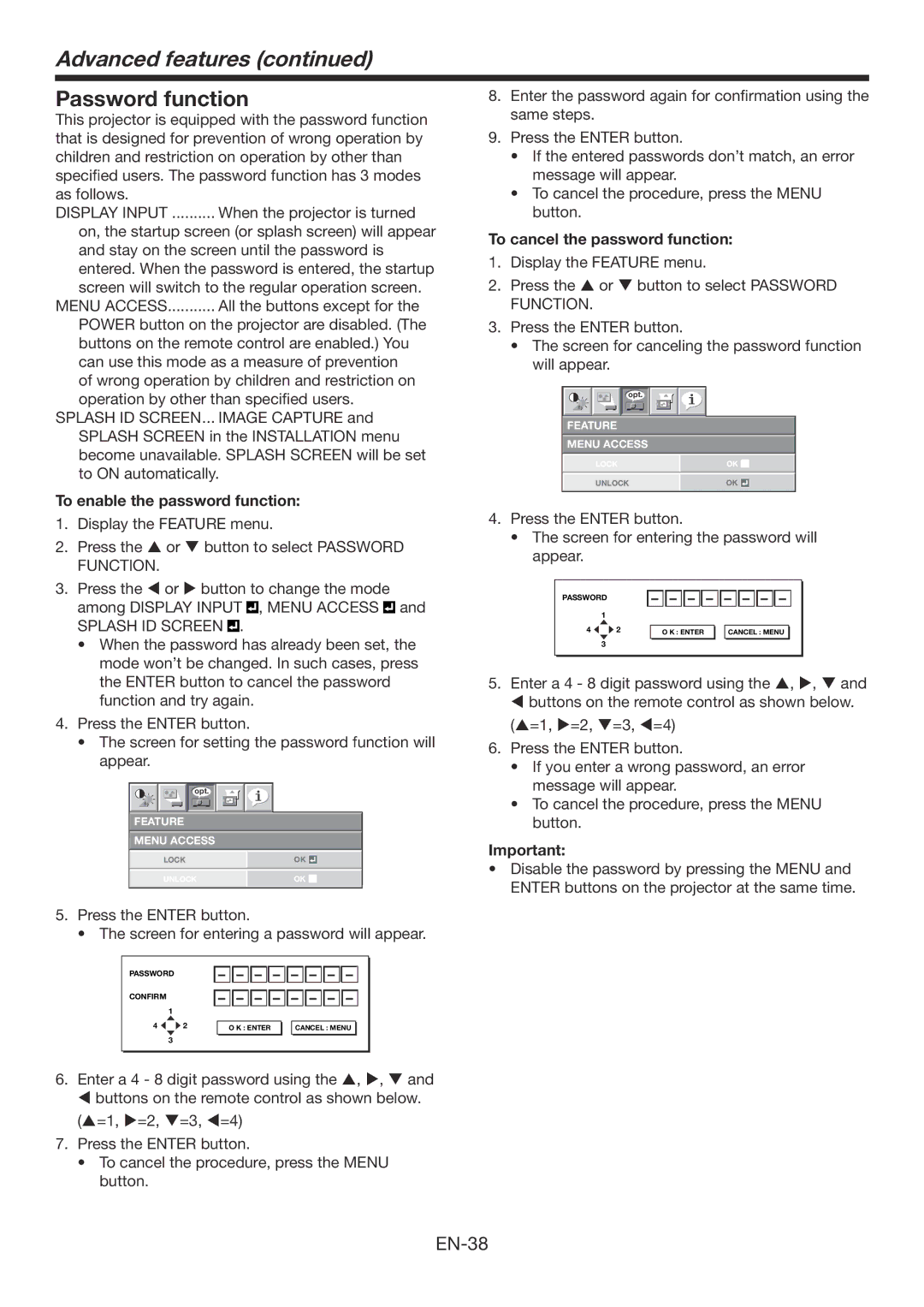 Mitsubishi Electronics XD3200U user manual Advanced features, Password function, To enable the password function 