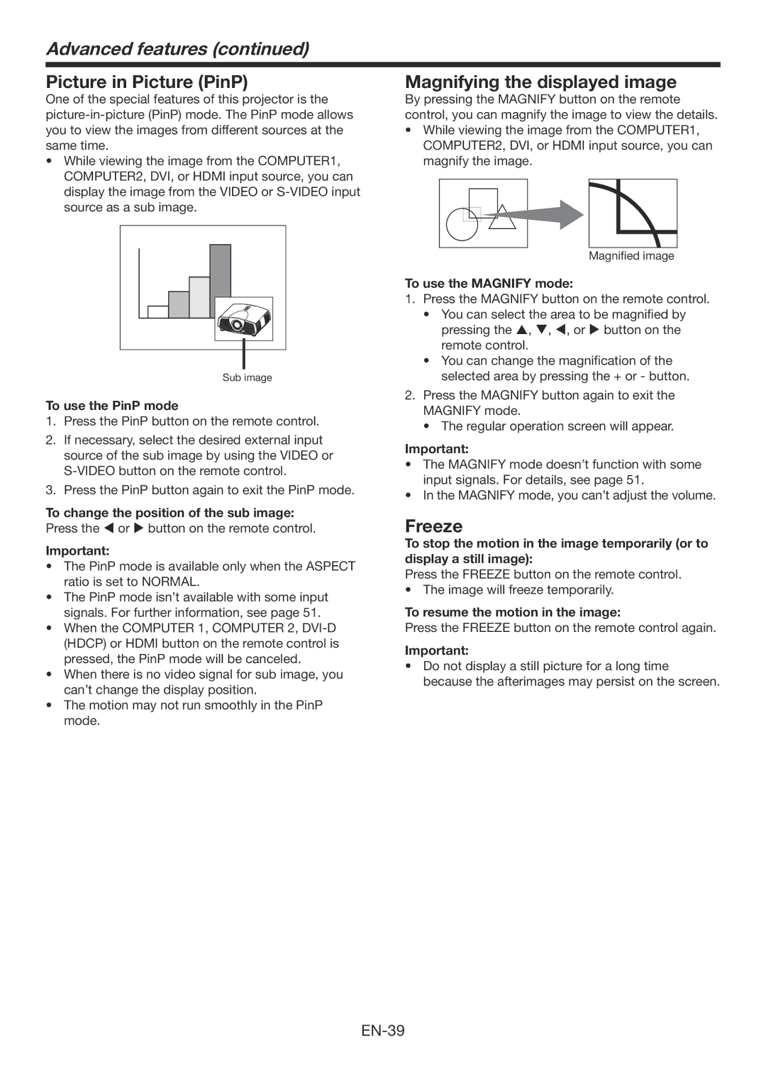 Mitsubishi Electronics XD3200U user manual Picture in Picture PinP, Magnifying the displayed image, Freeze 