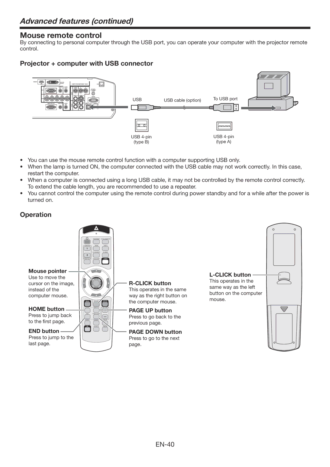 Mitsubishi Electronics XD3200U Mouse remote control, Projector + computer with USB connector, Operation, UP button 