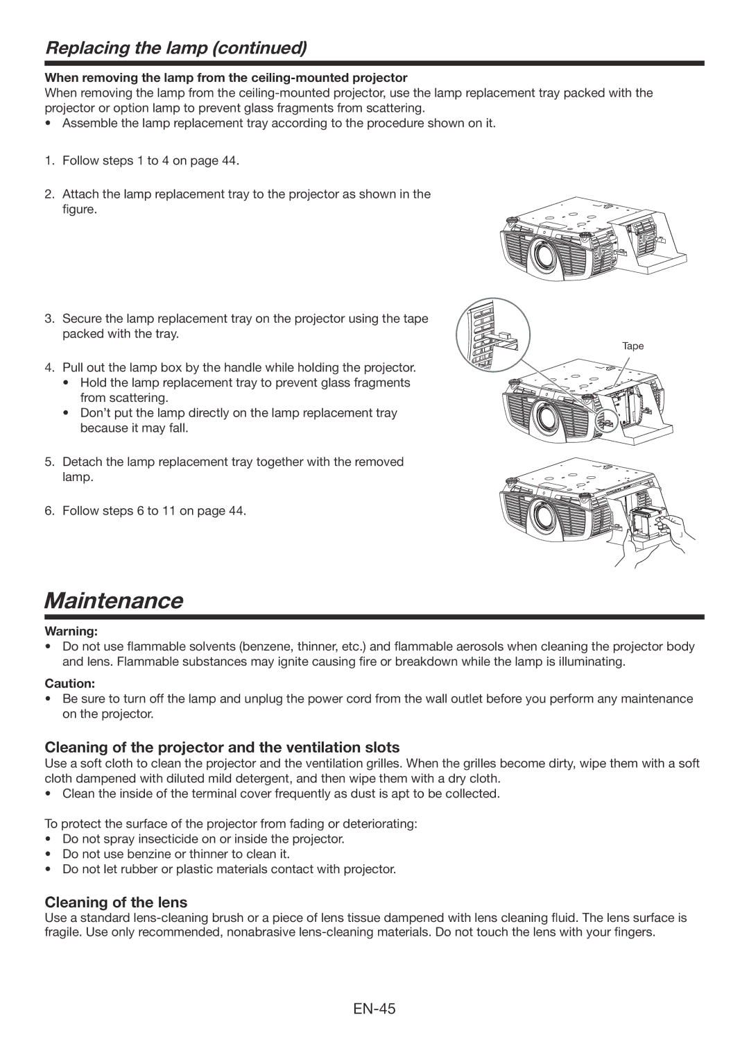 Mitsubishi Electronics XD3200U Maintenance, Cleaning of the projector and the ventilation slots, Cleaning of the lens 