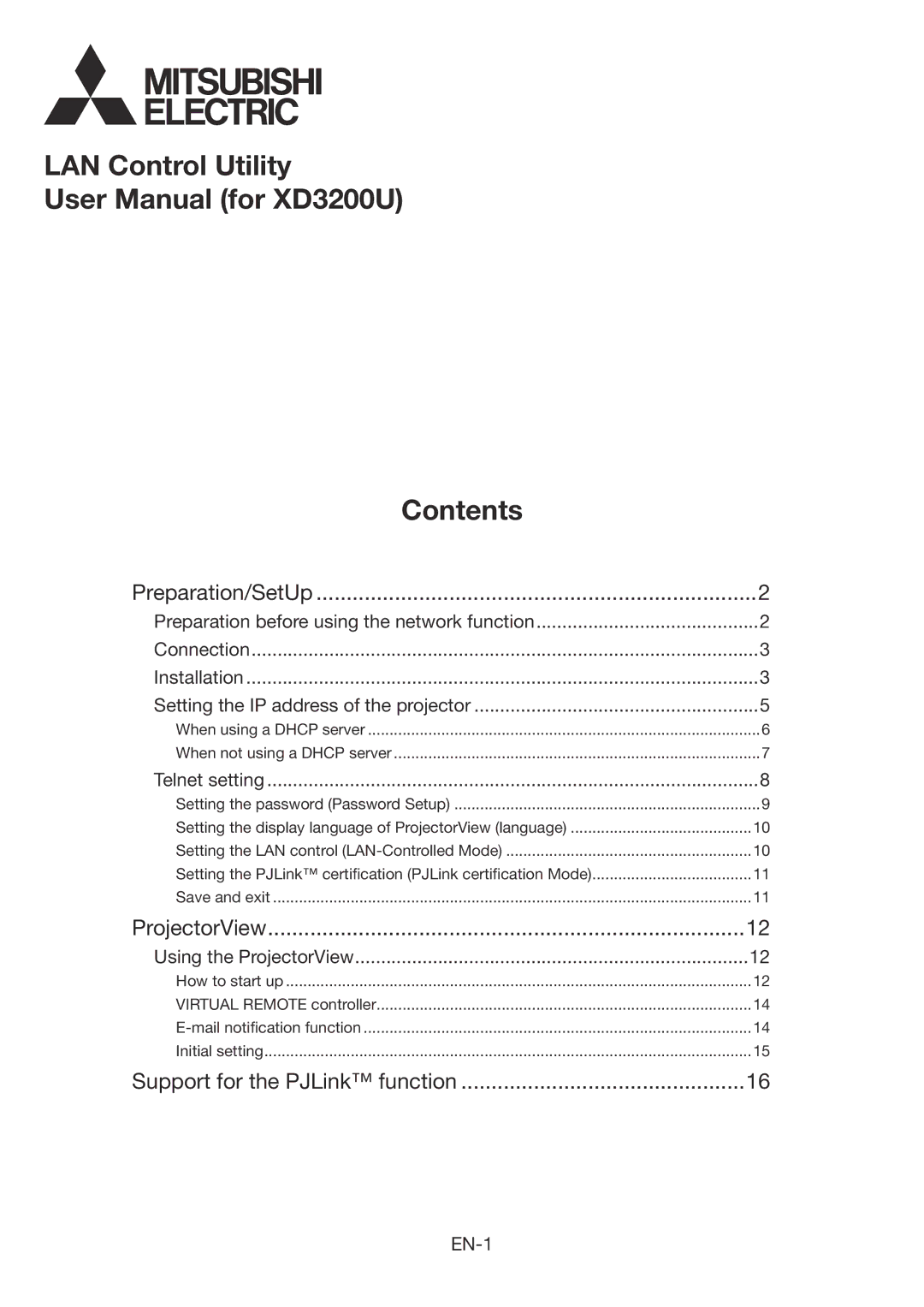 Mitsubishi Electronics XD3200U user manual LAN Control Utility Contents 