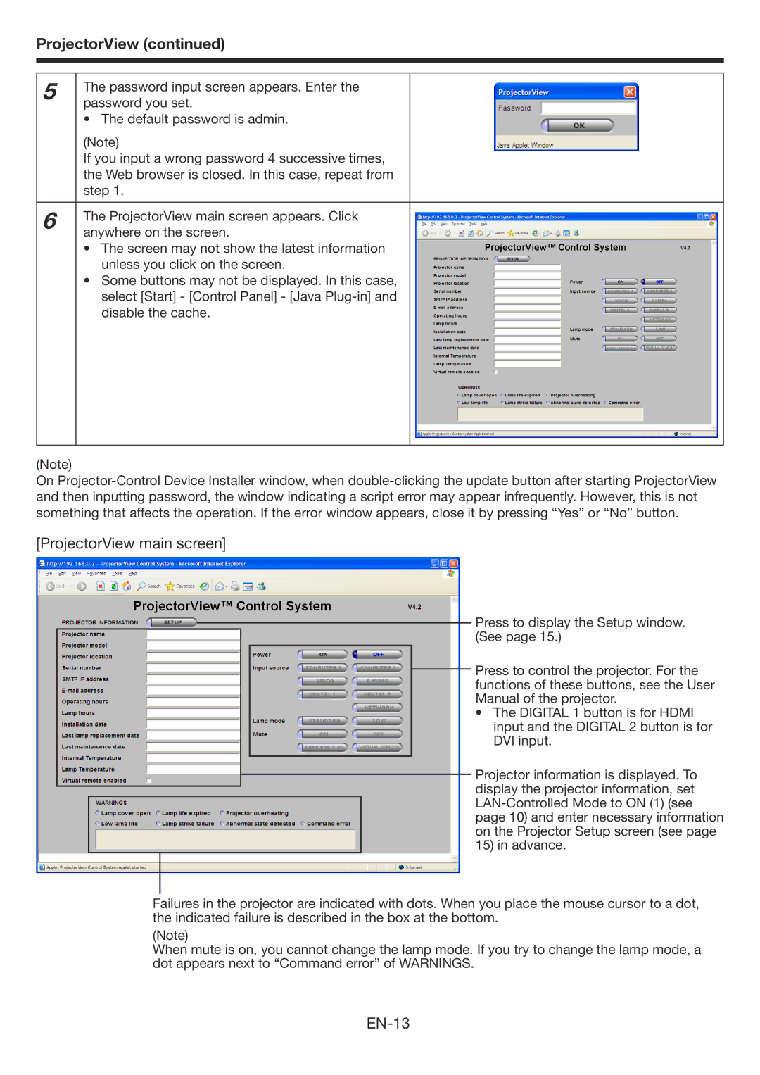 Mitsubishi Electronics XD3200U user manual ProjectorView main screen, EN-13 