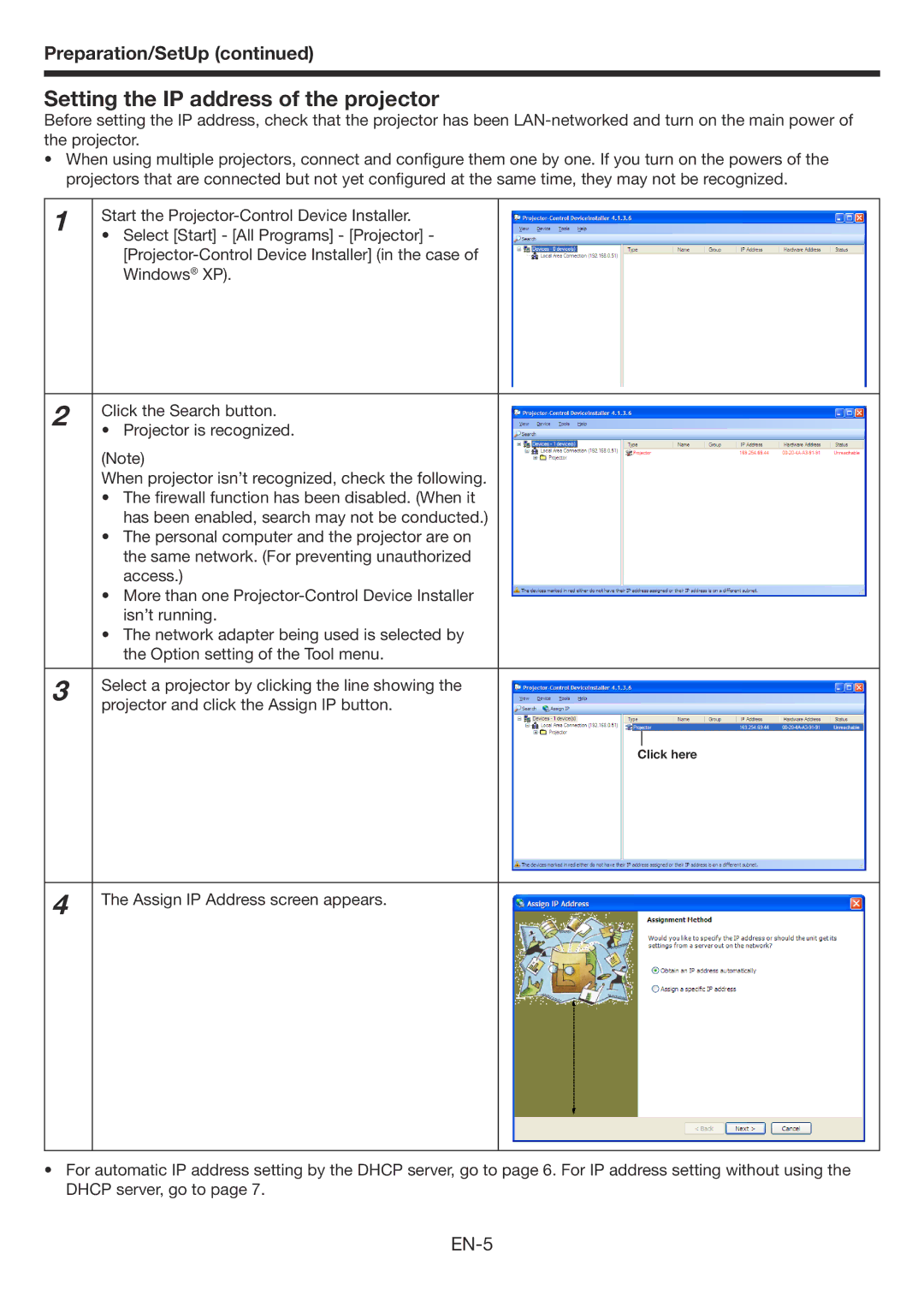 Mitsubishi Electronics XD3200U user manual Setting the IP address of the projector, EN-5 