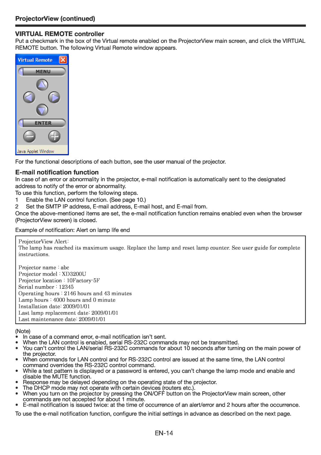 Mitsubishi Electronics XD3200U ProjectorView continued VIRTUAL REMOTE controller, E-mail notification function, EN-14 
