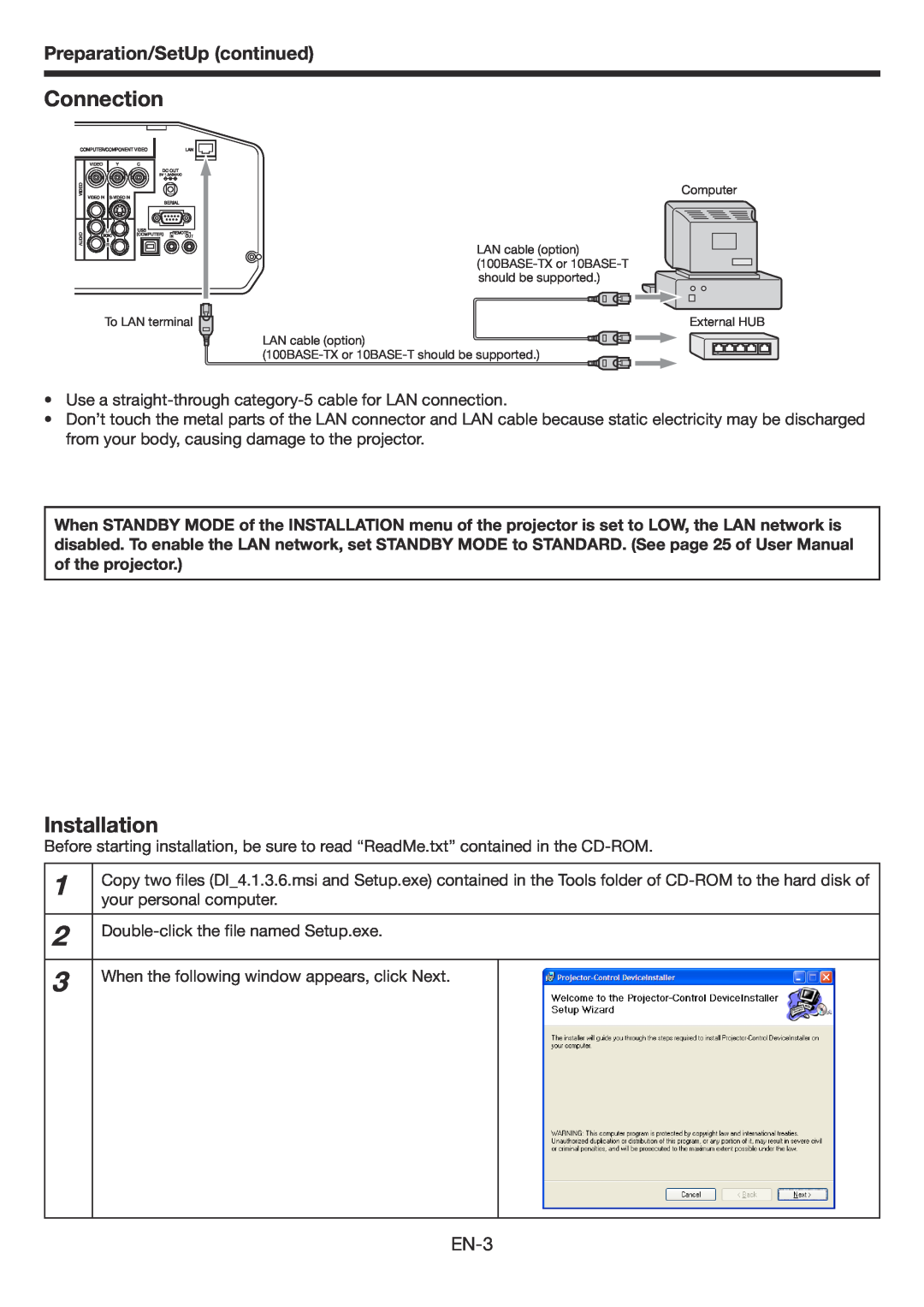 Mitsubishi Electronics XD3200U user manual Connection, Installation, Preparation/SetUp continued, EN-3 