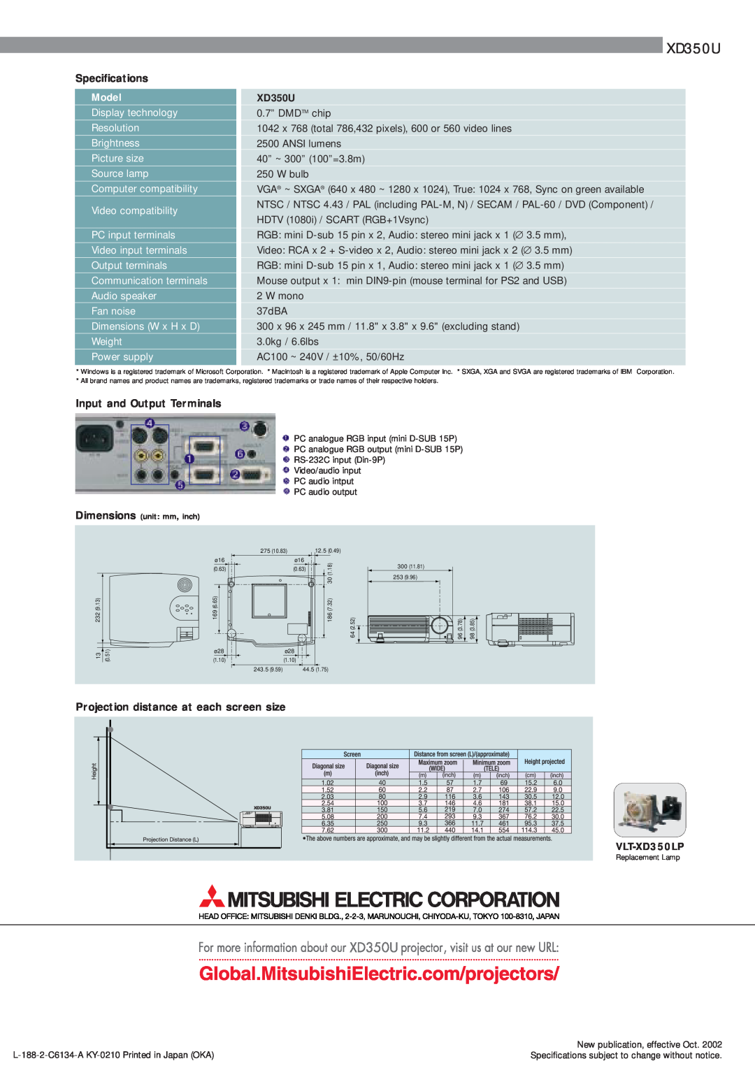 Mitsubishi Electronics XD350U manual Model 