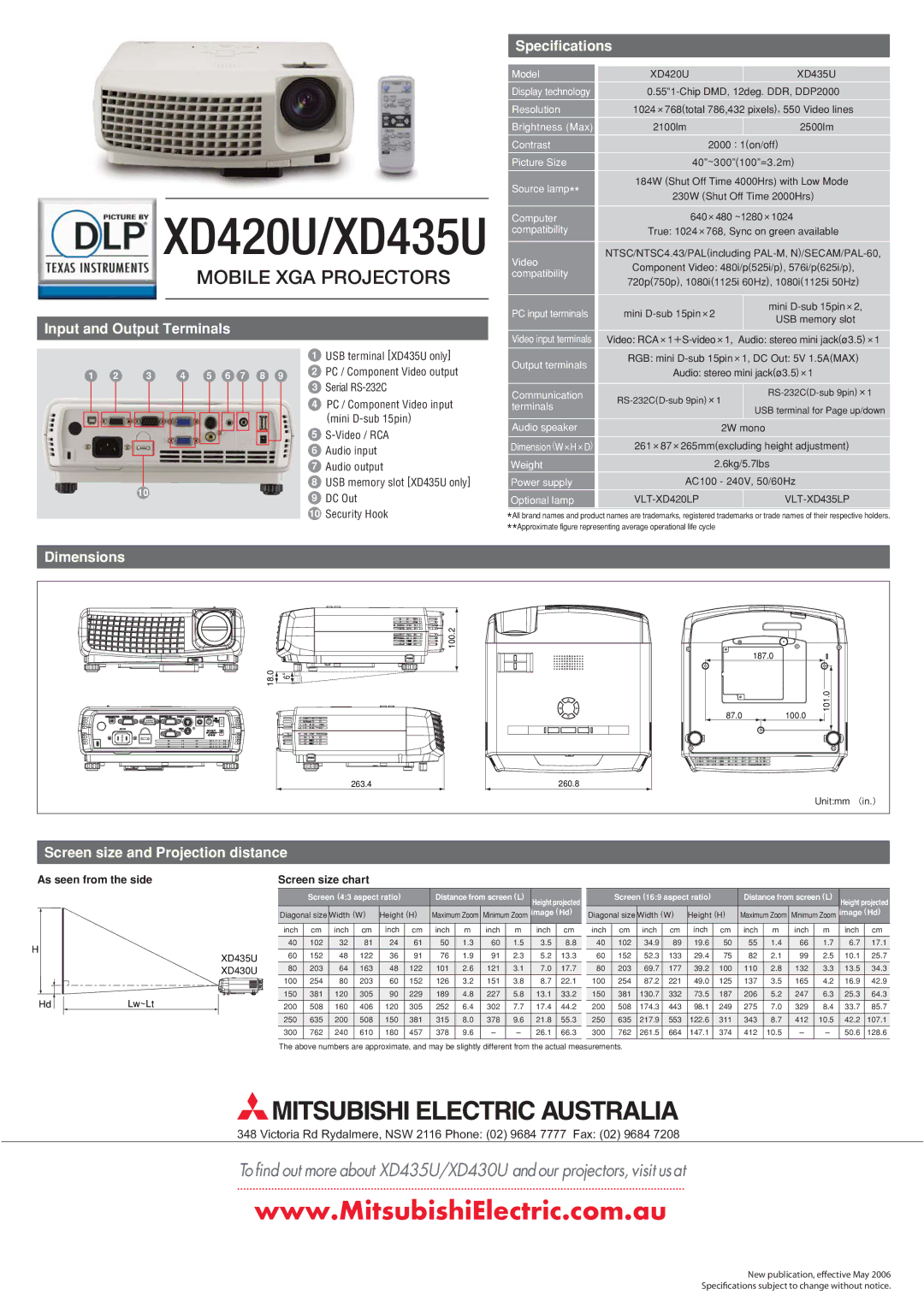 Mitsubishi Electronics XD420U Input and Output Terminals, Specifications, Dimensions, Screen size and Projection distance 