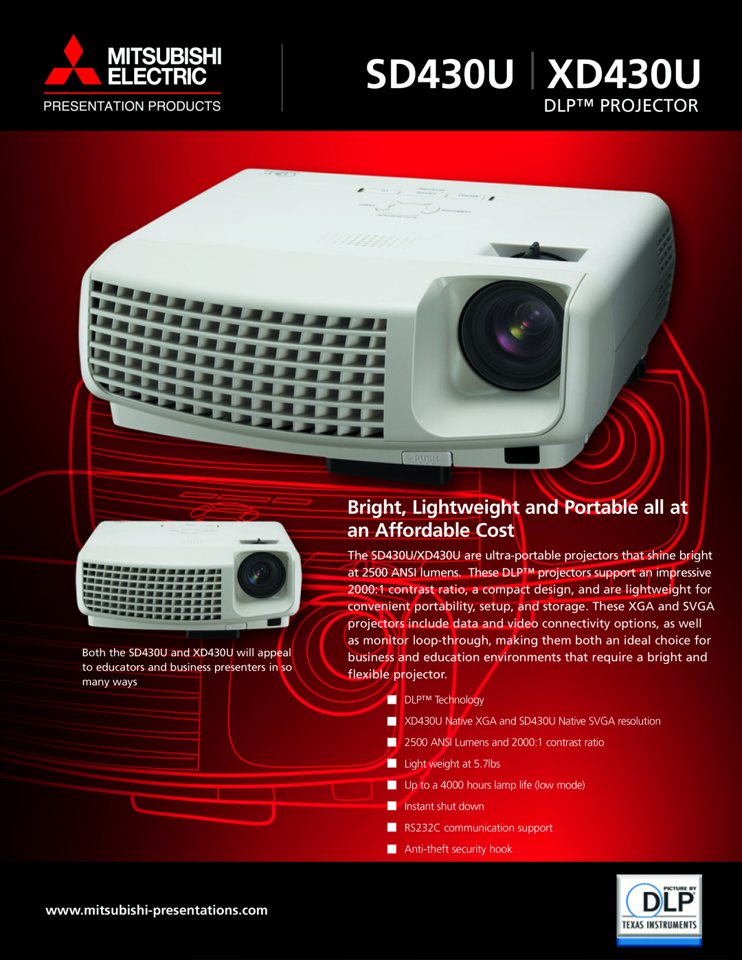Mitsubishi Electronics manual SD430U XD430U, Bright, Lightweight and Portable all at an Affordable Cost, Dlp Projector 