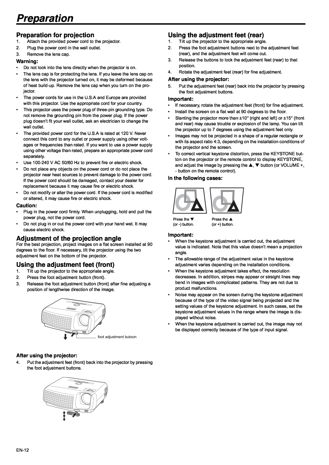 Mitsubishi Electronics XD435U-G user manual Preparation for projection, Adjustment of the projection angle 